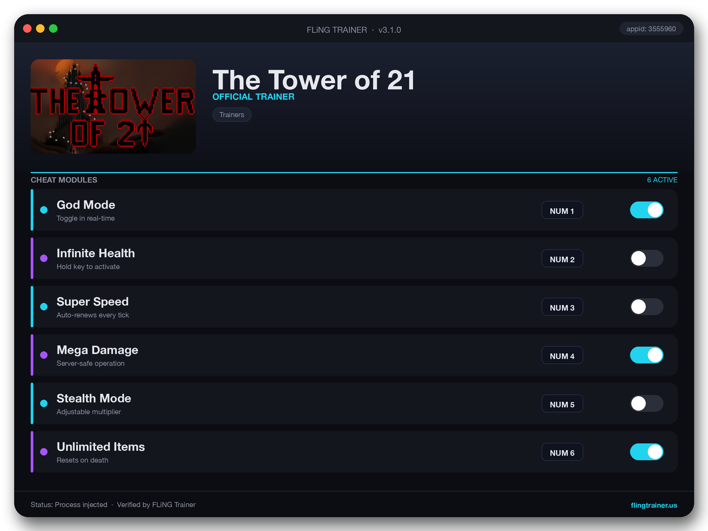 The Tower of 21 Trainer interface