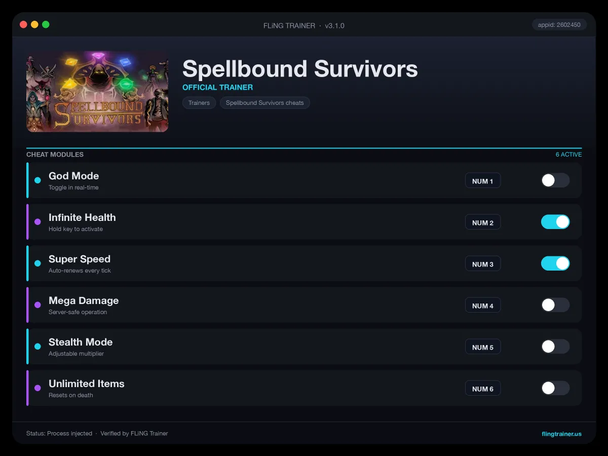 Spellbound Survivors Trainer interface