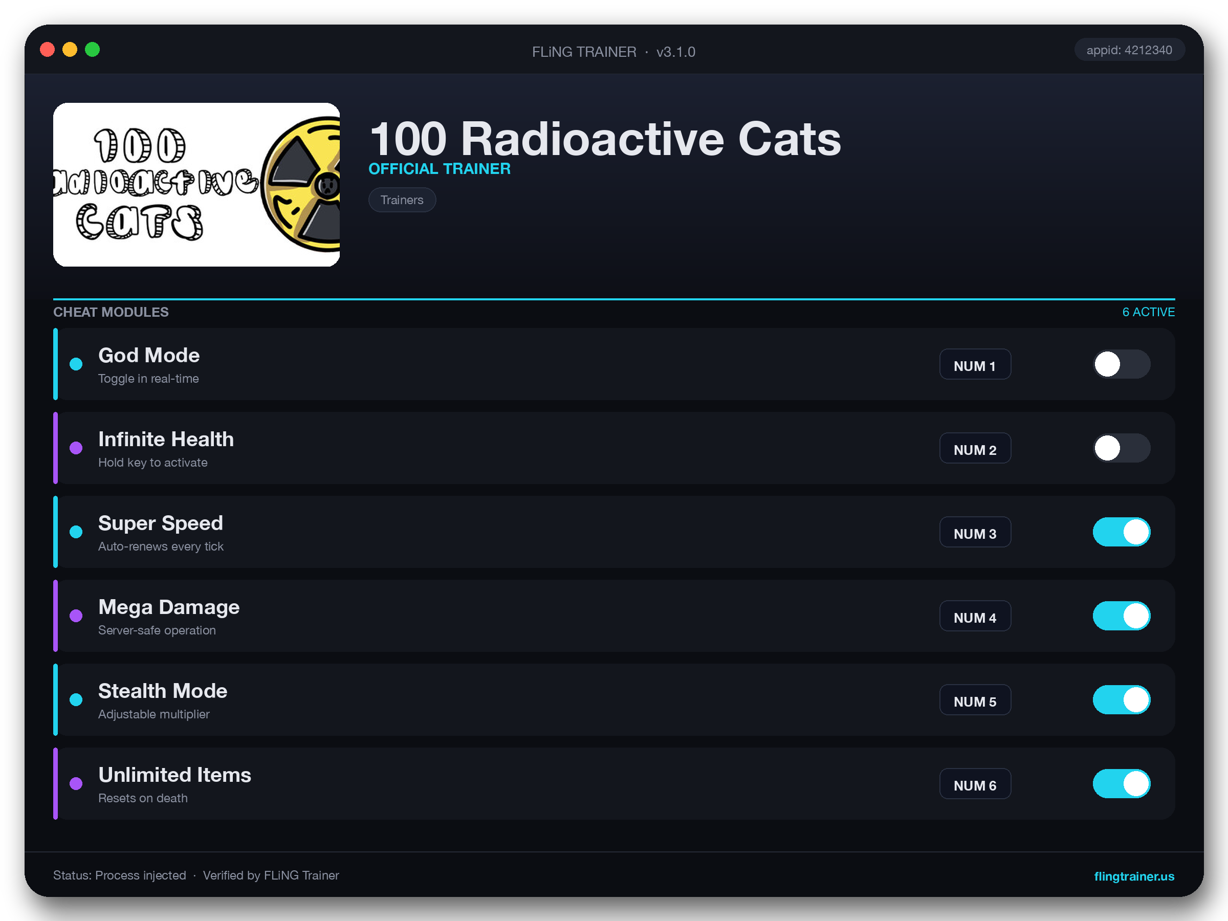 100 Radioactive Cats Trainer interface