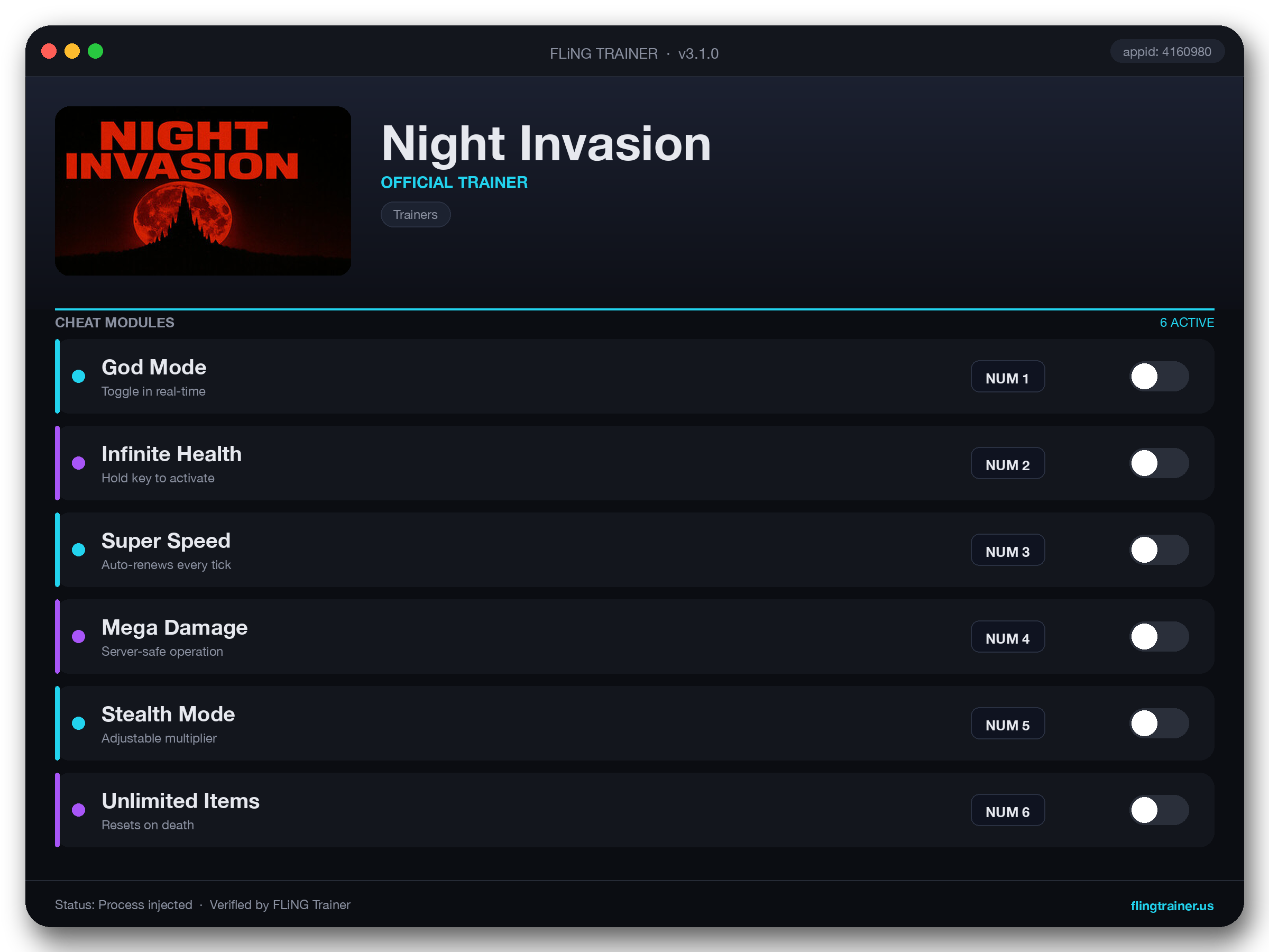 Night Invasion Trainer interface