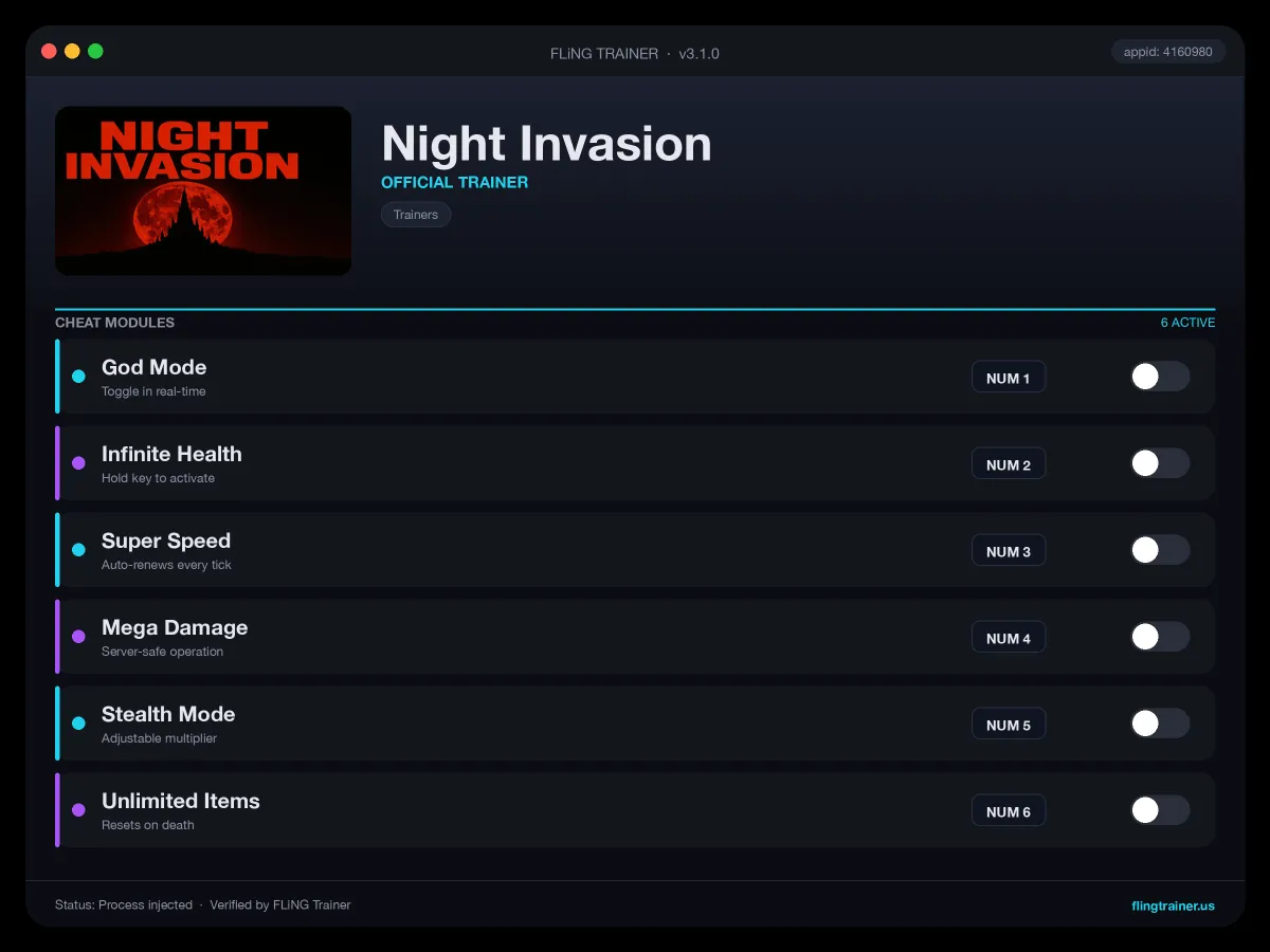 Night Invasion Trainer interface