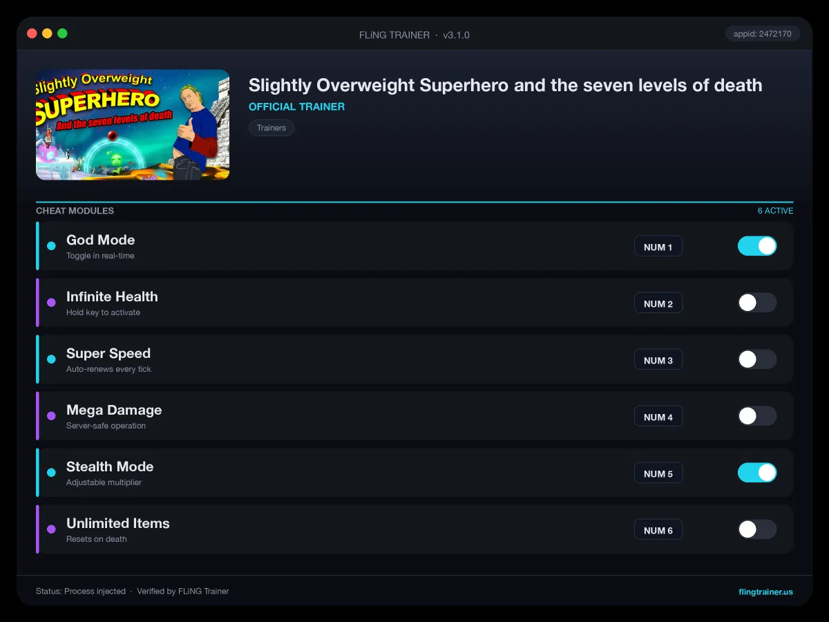 Slightly Overweight Superhero and the seven levels of death Trainer interface
