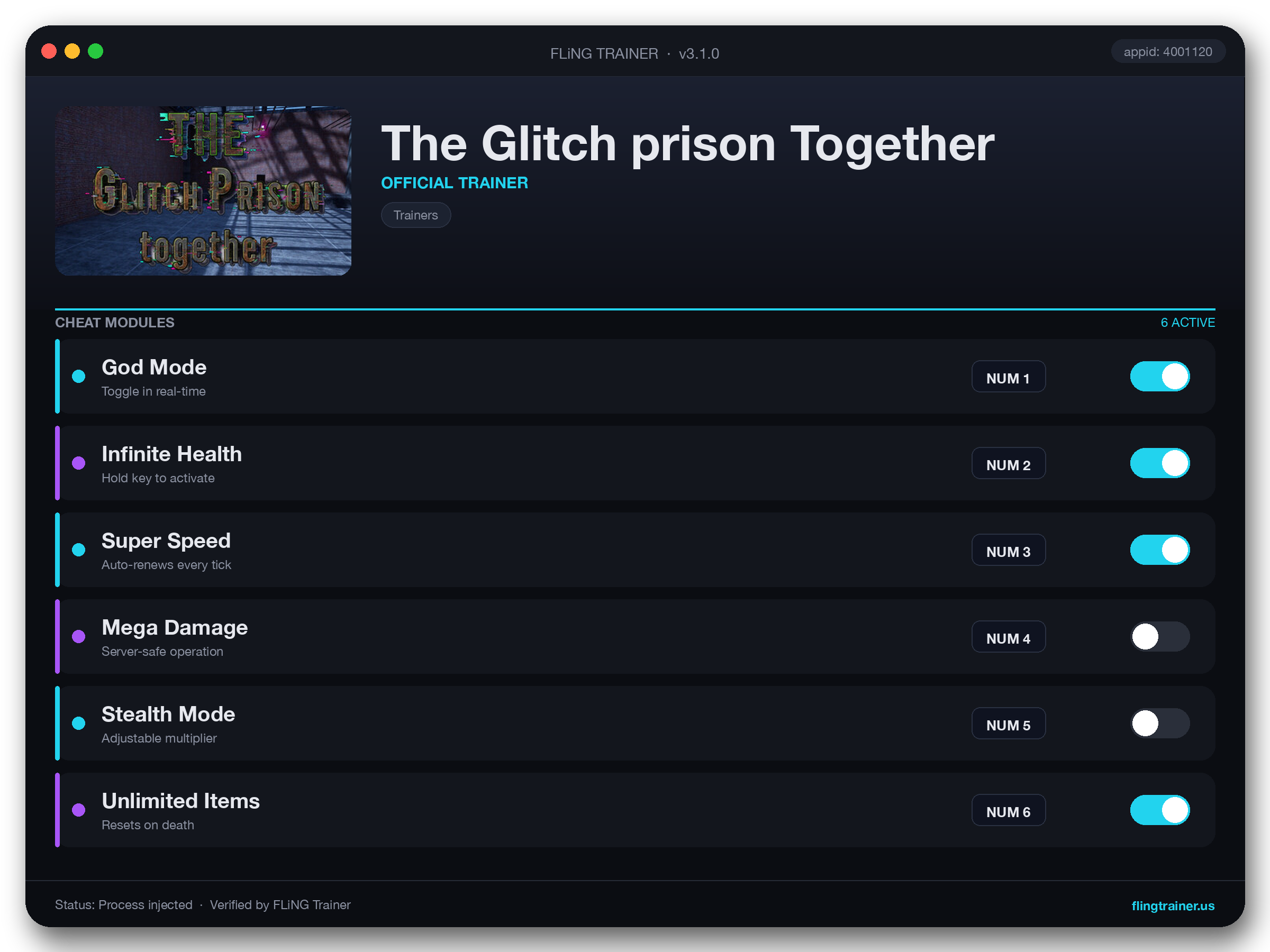 The Glitch prison Together Trainer interface