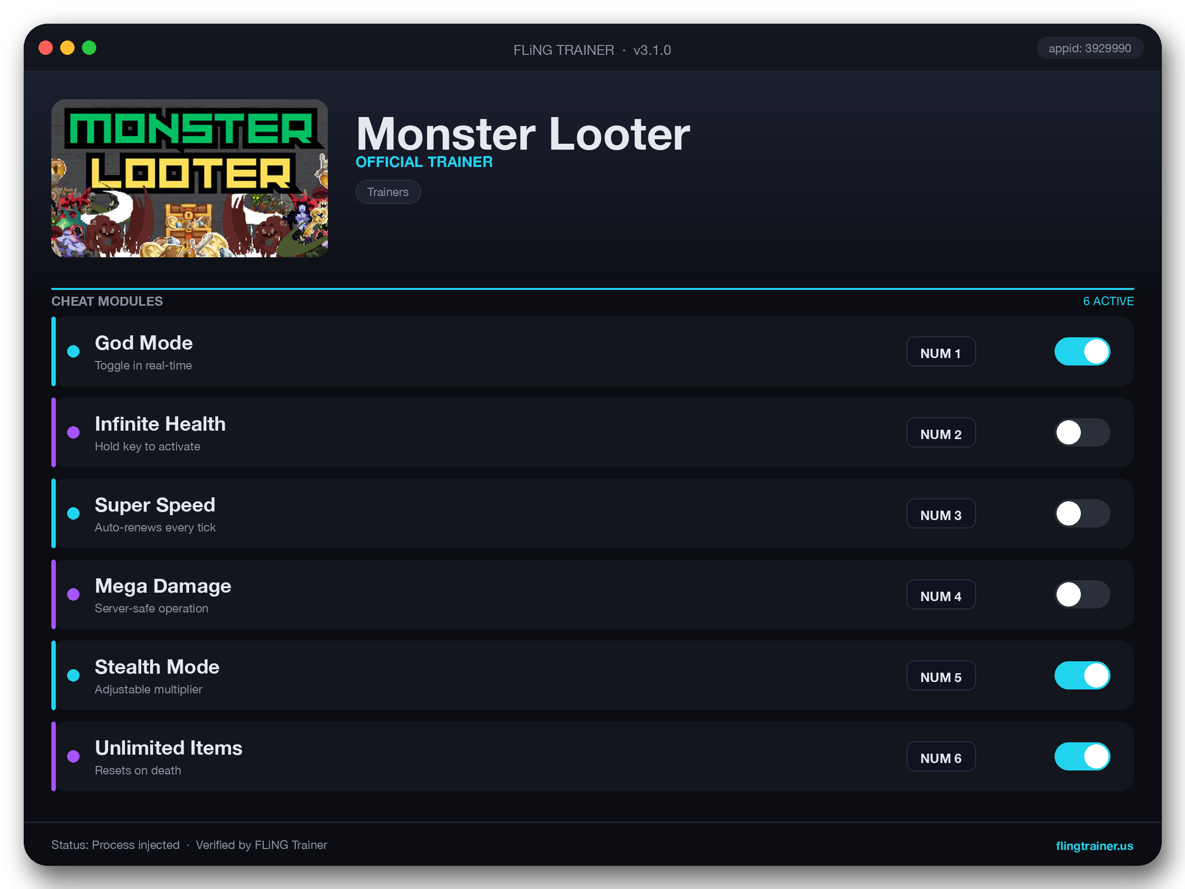 Monster Looter Trainer interface