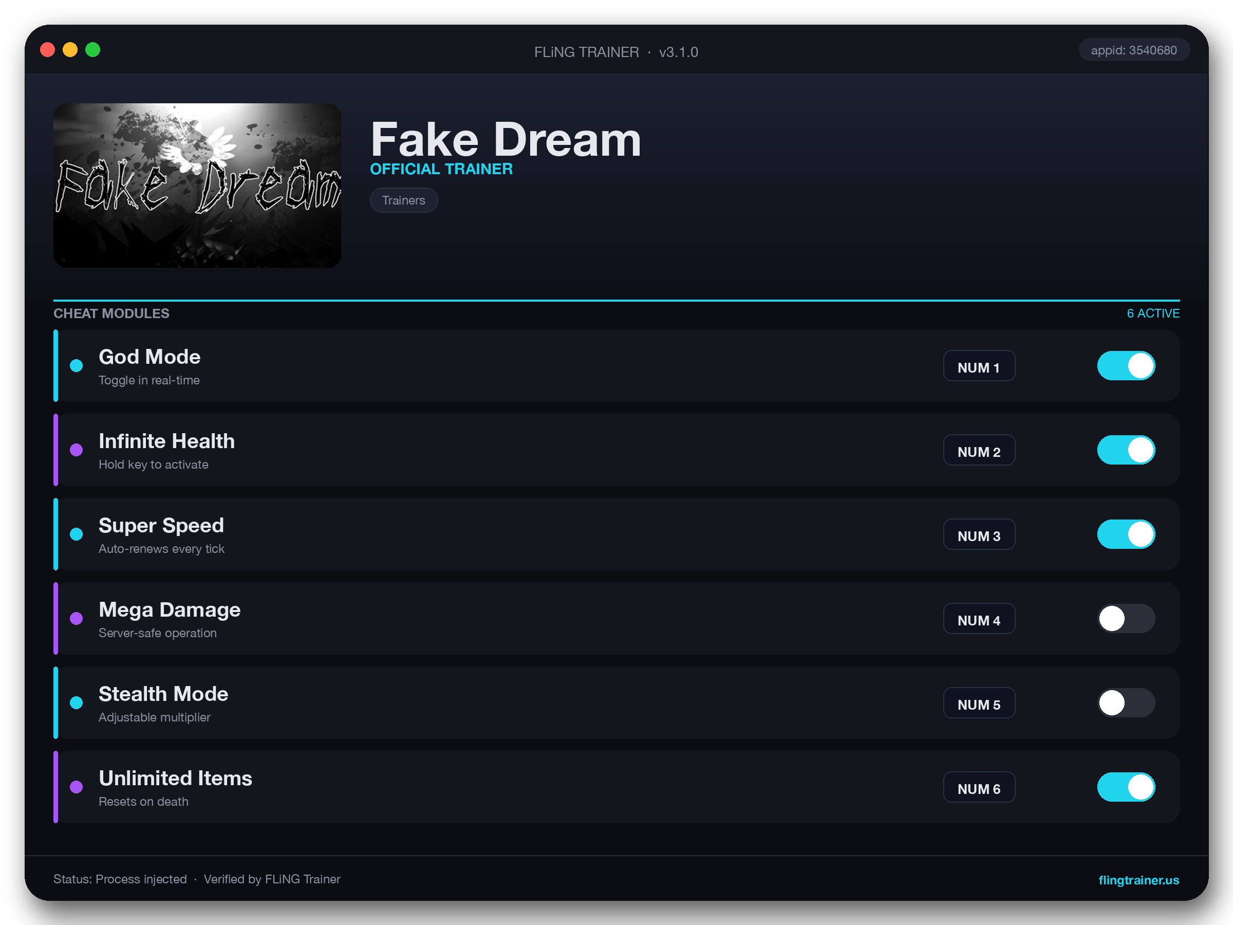 Fake Dream Trainer interface