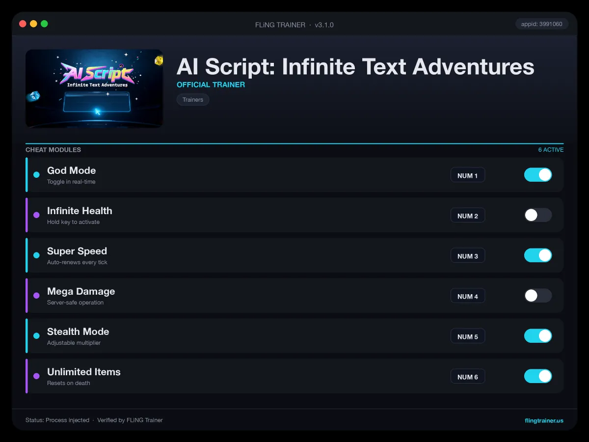 AI Script: Infinite Text Adventures Trainer interface