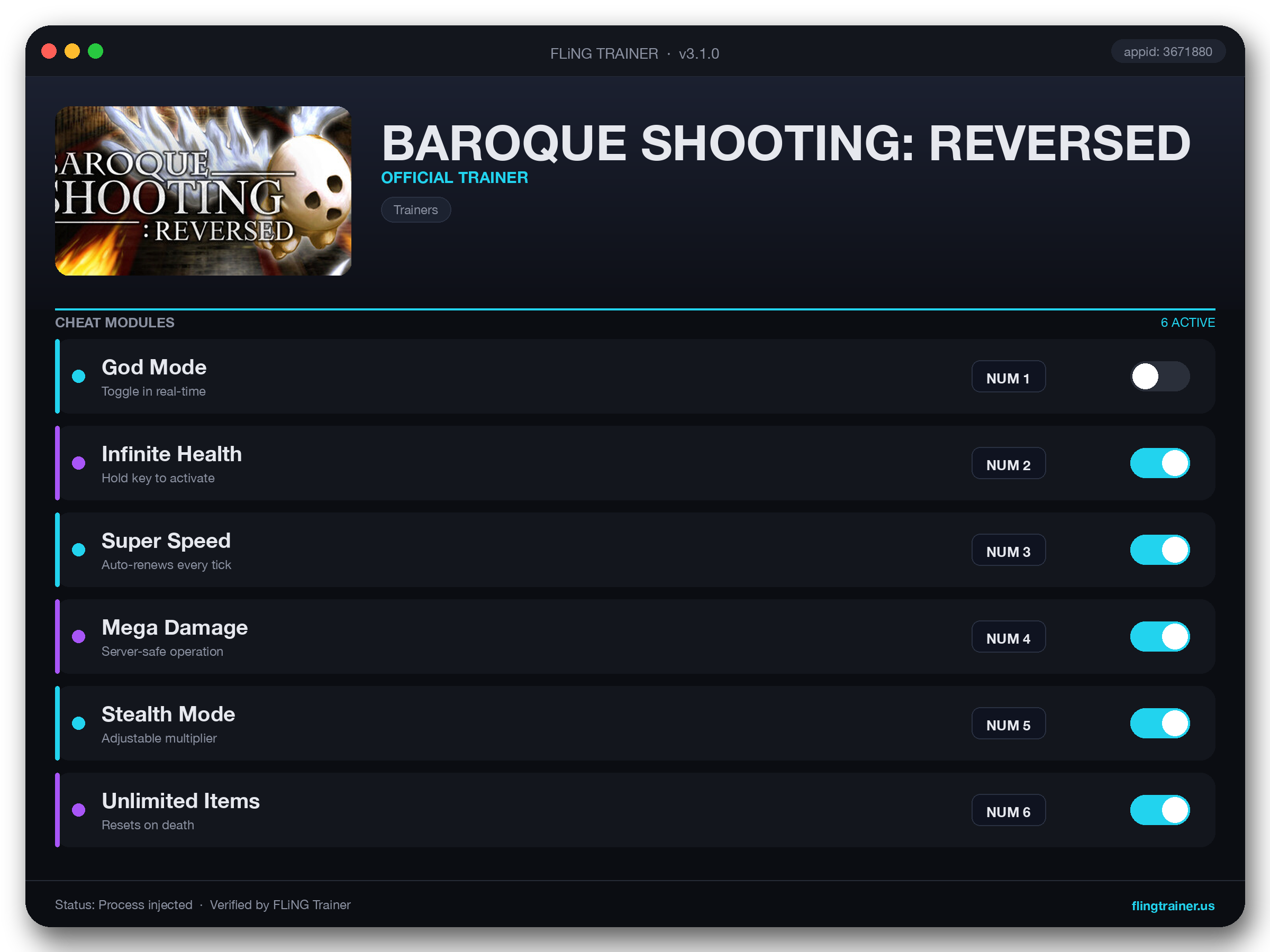 BAROQUE SHOOTING: REVERSED Trainer interface