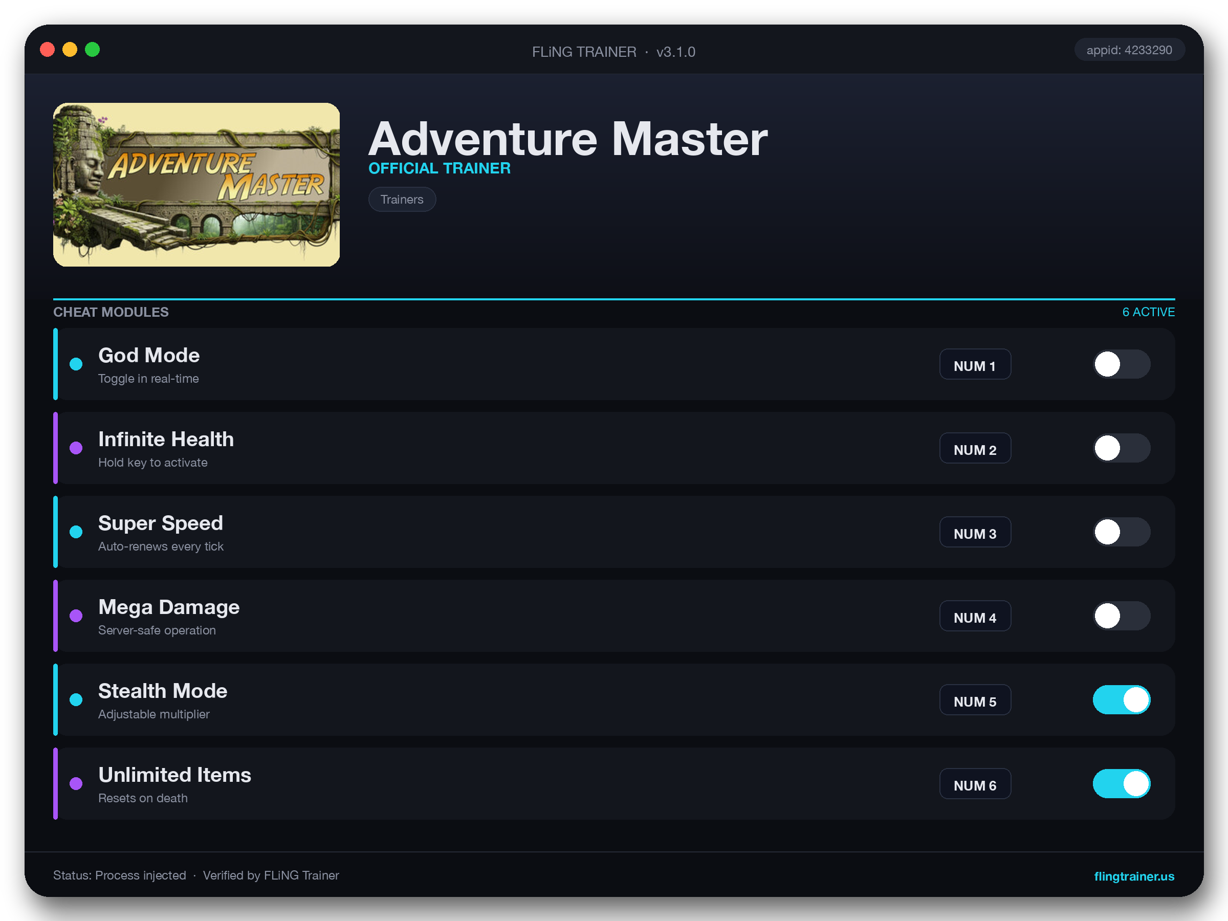 Adventure Master Trainer interface