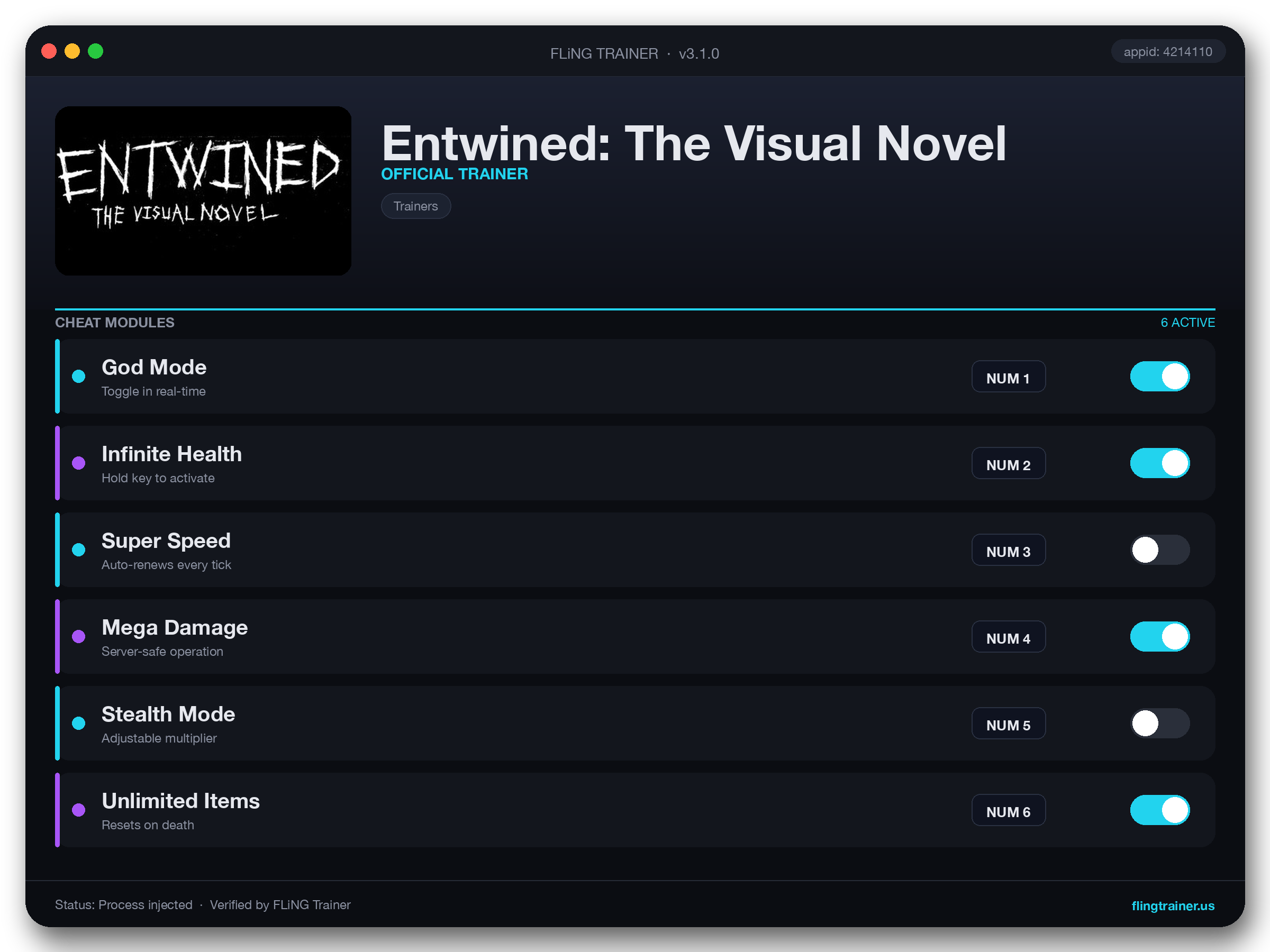 Entwined: The Visual Novel Trainer interface