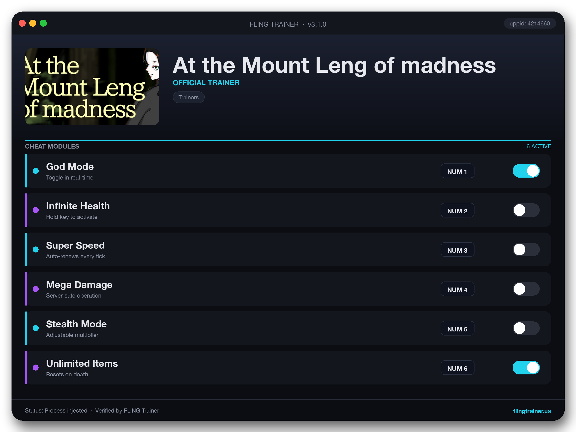 At the Mount Leng of madness Trainer interface