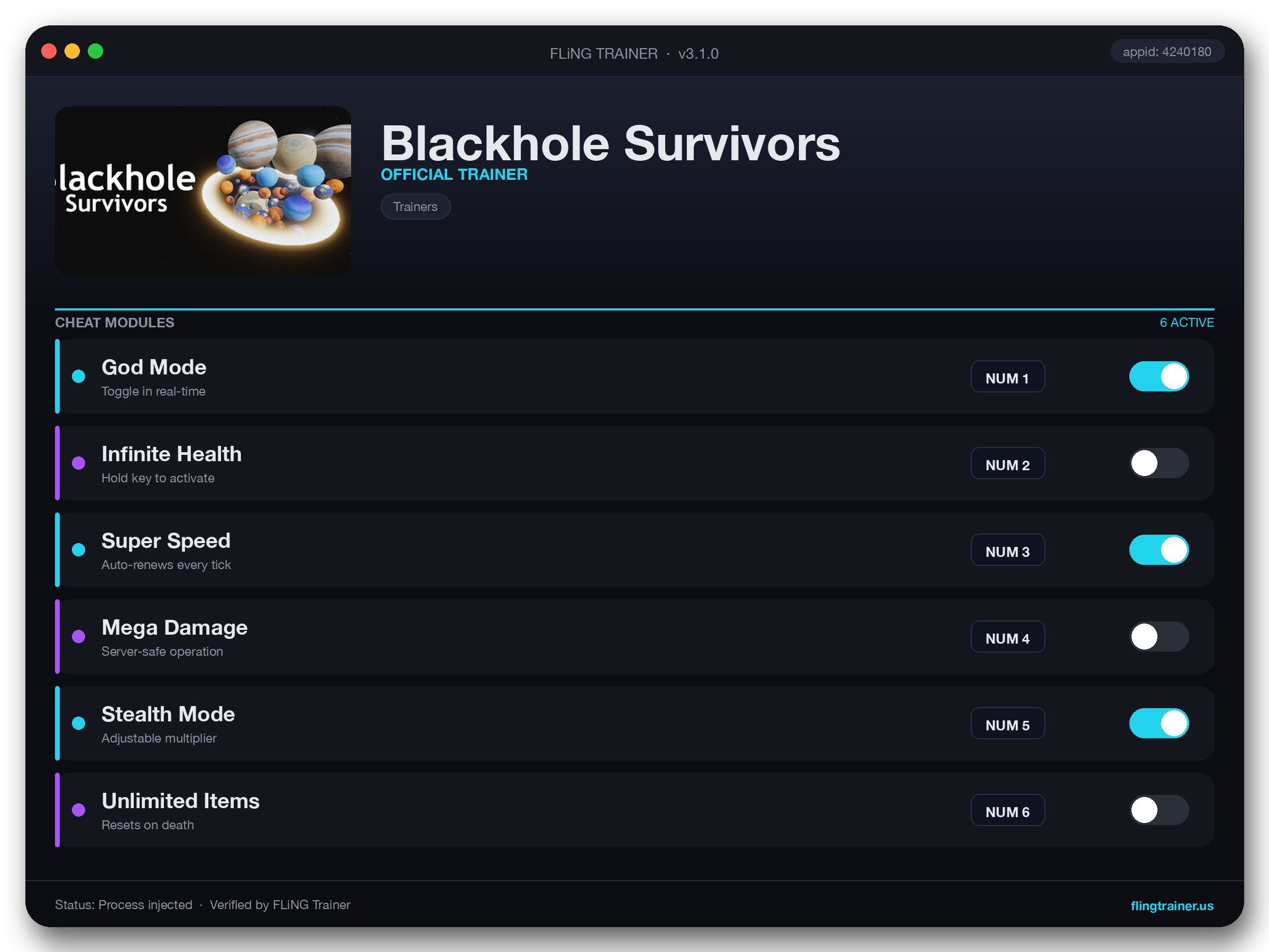 Blackhole Survivors Trainer interface