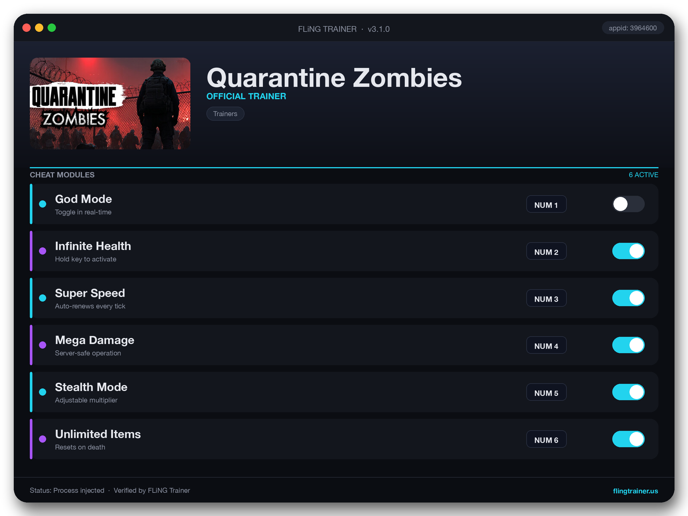 Quarantine Zombies Trainer interface