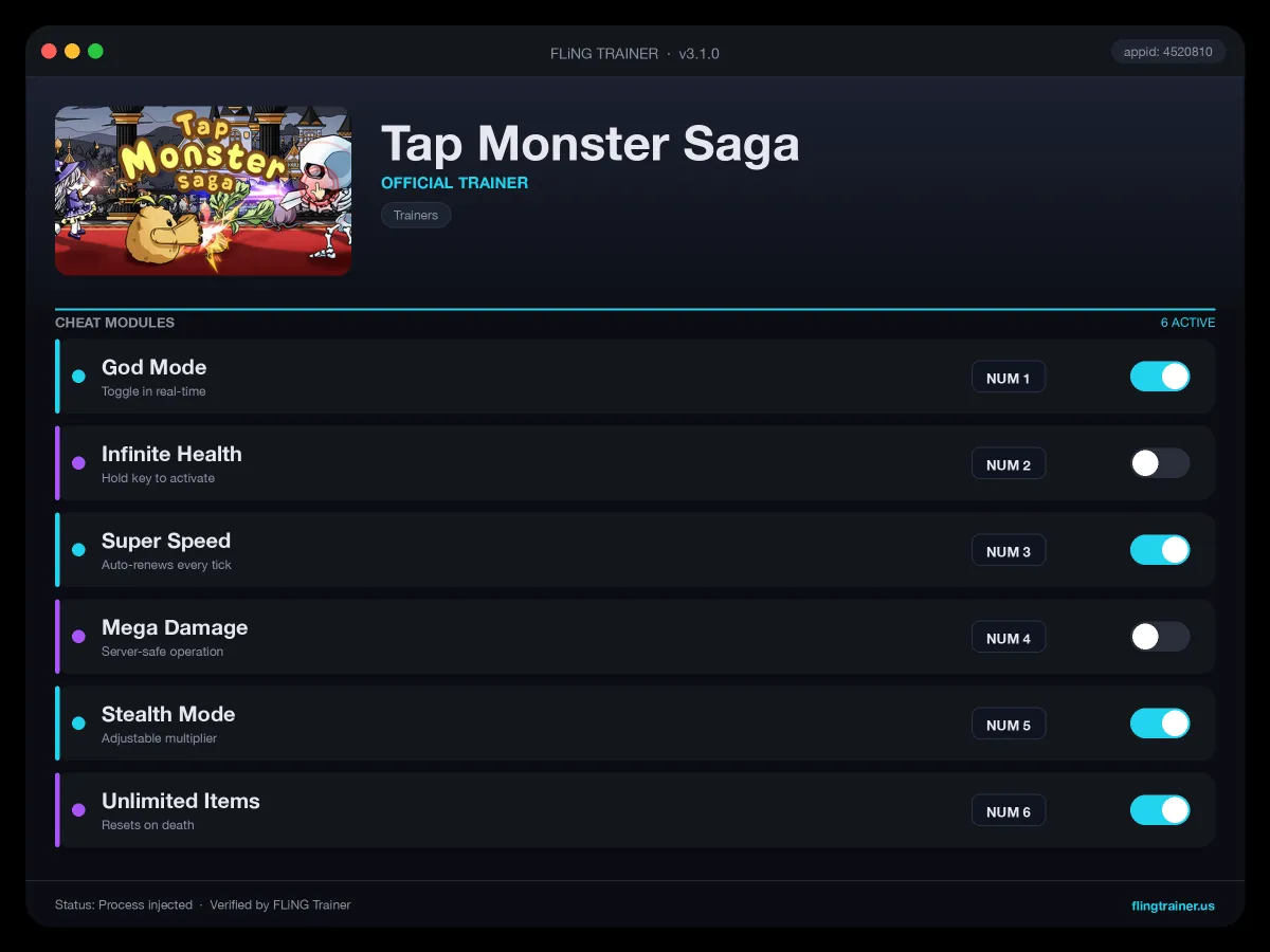 Tap Monster Saga Trainer interface