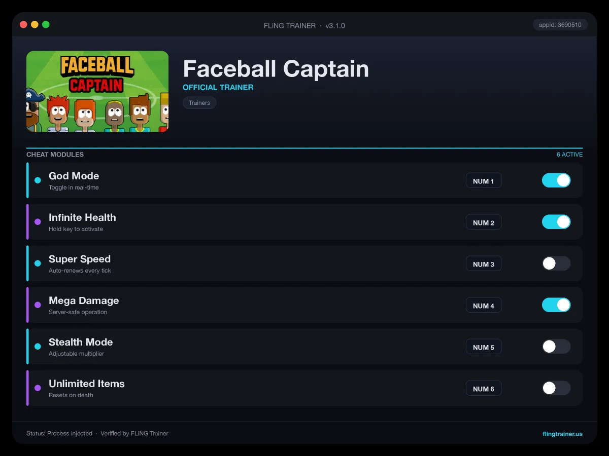 Faceball Captain Trainer interface