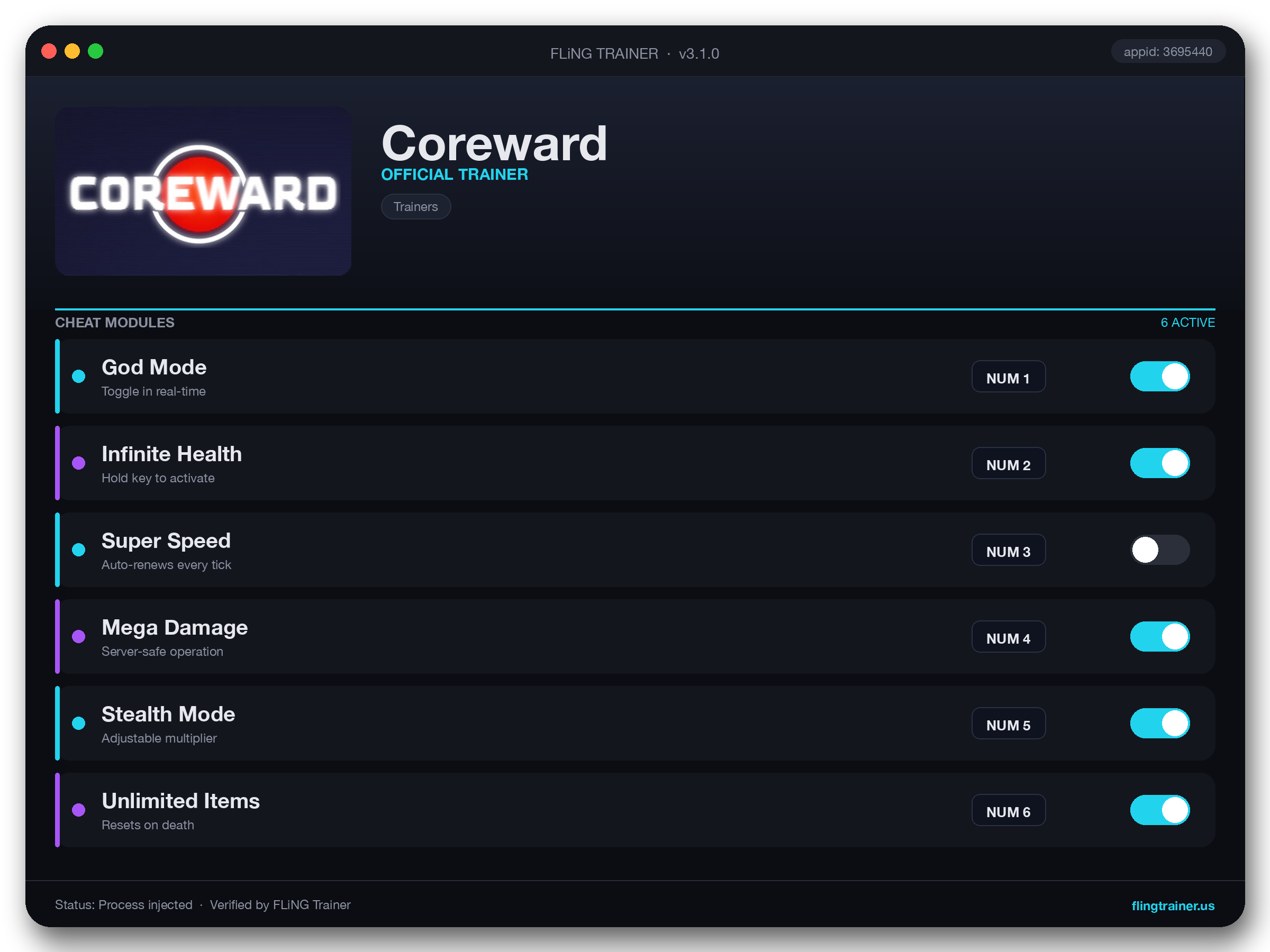 Coreward Trainer interface