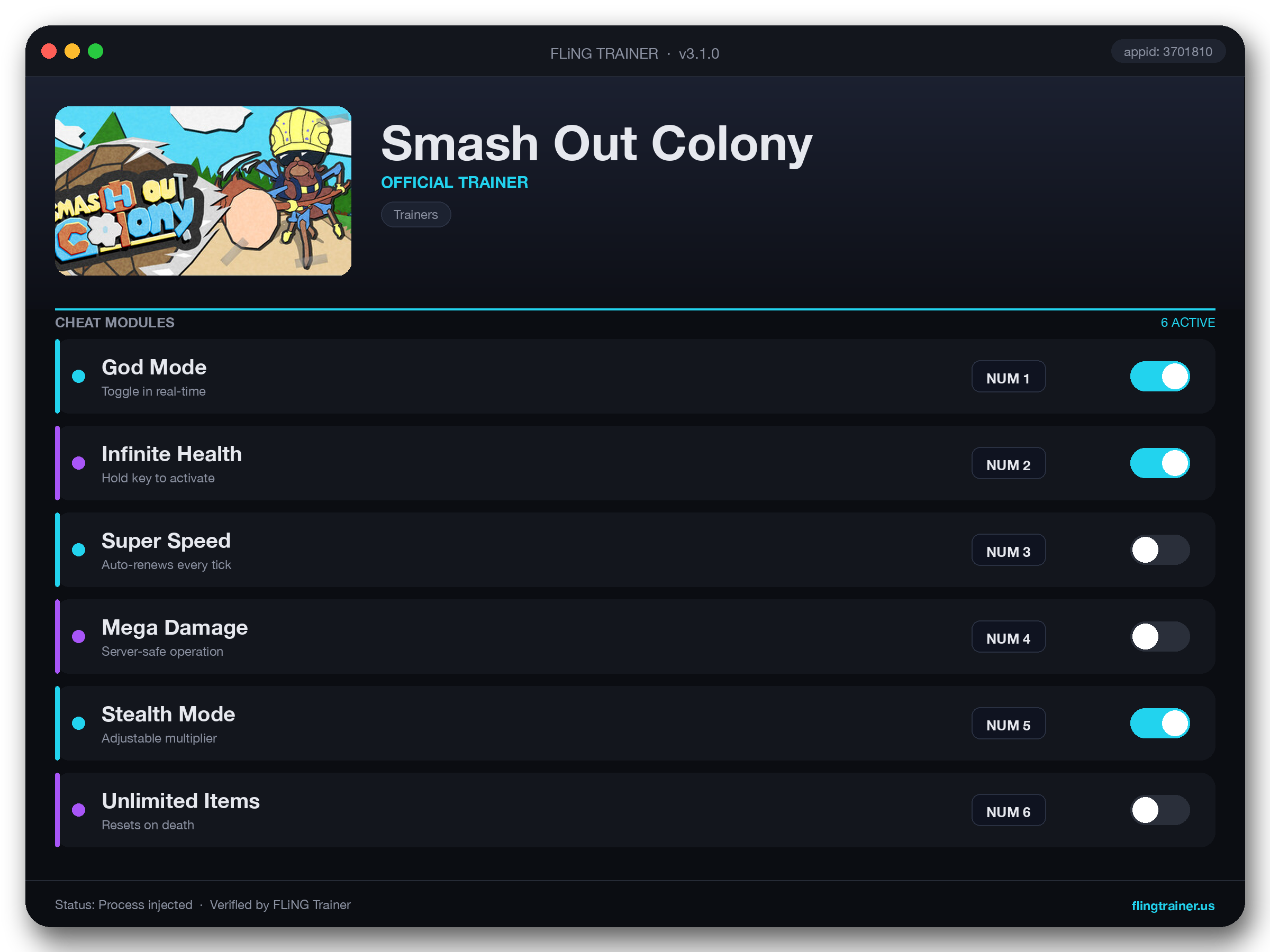 Smash Out Colony Trainer interface