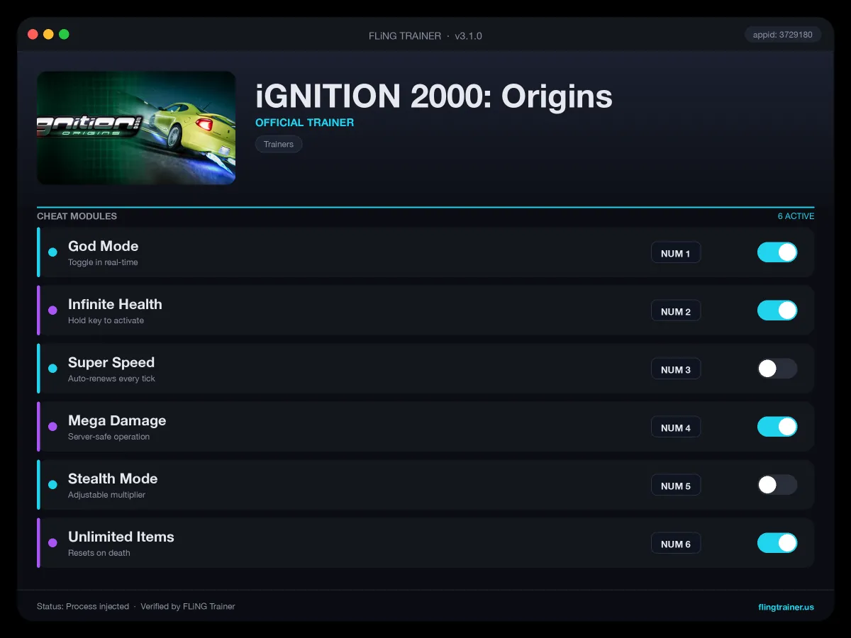 iGNITION 2000: Origins Trainer interface