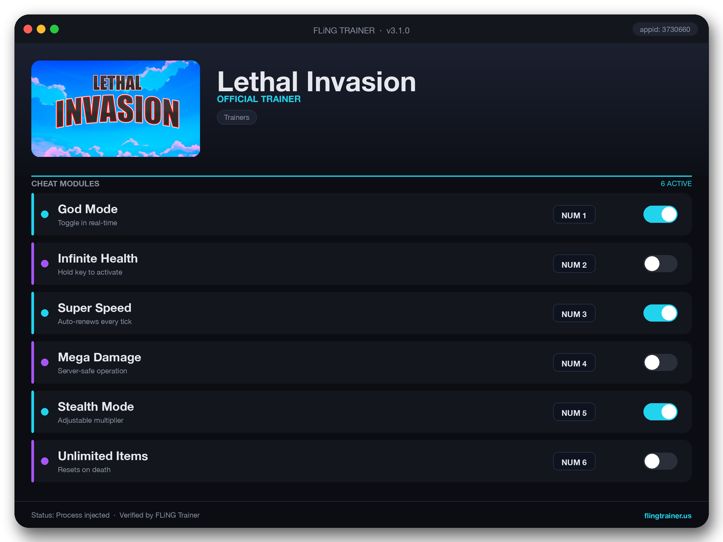 Lethal Invasion Trainer interface