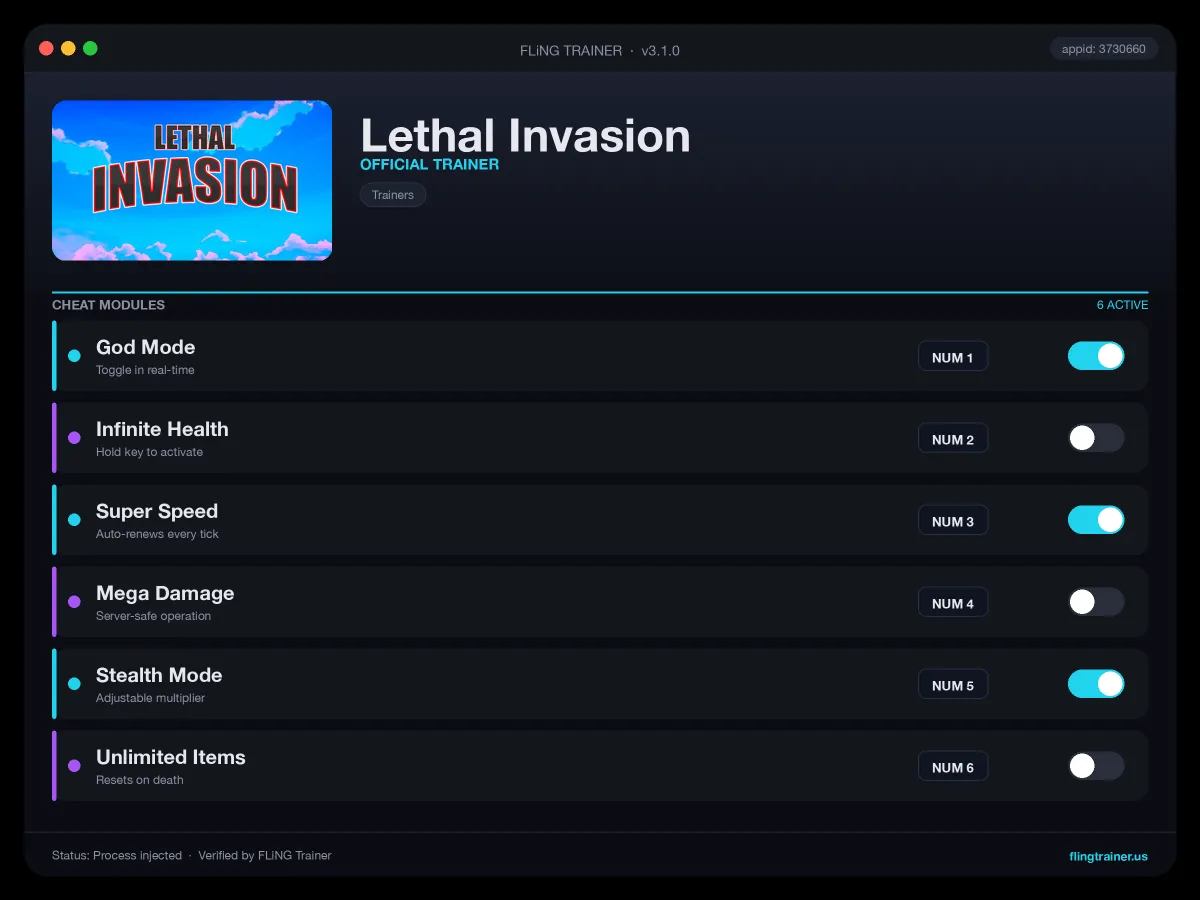 Lethal Invasion Trainer interface