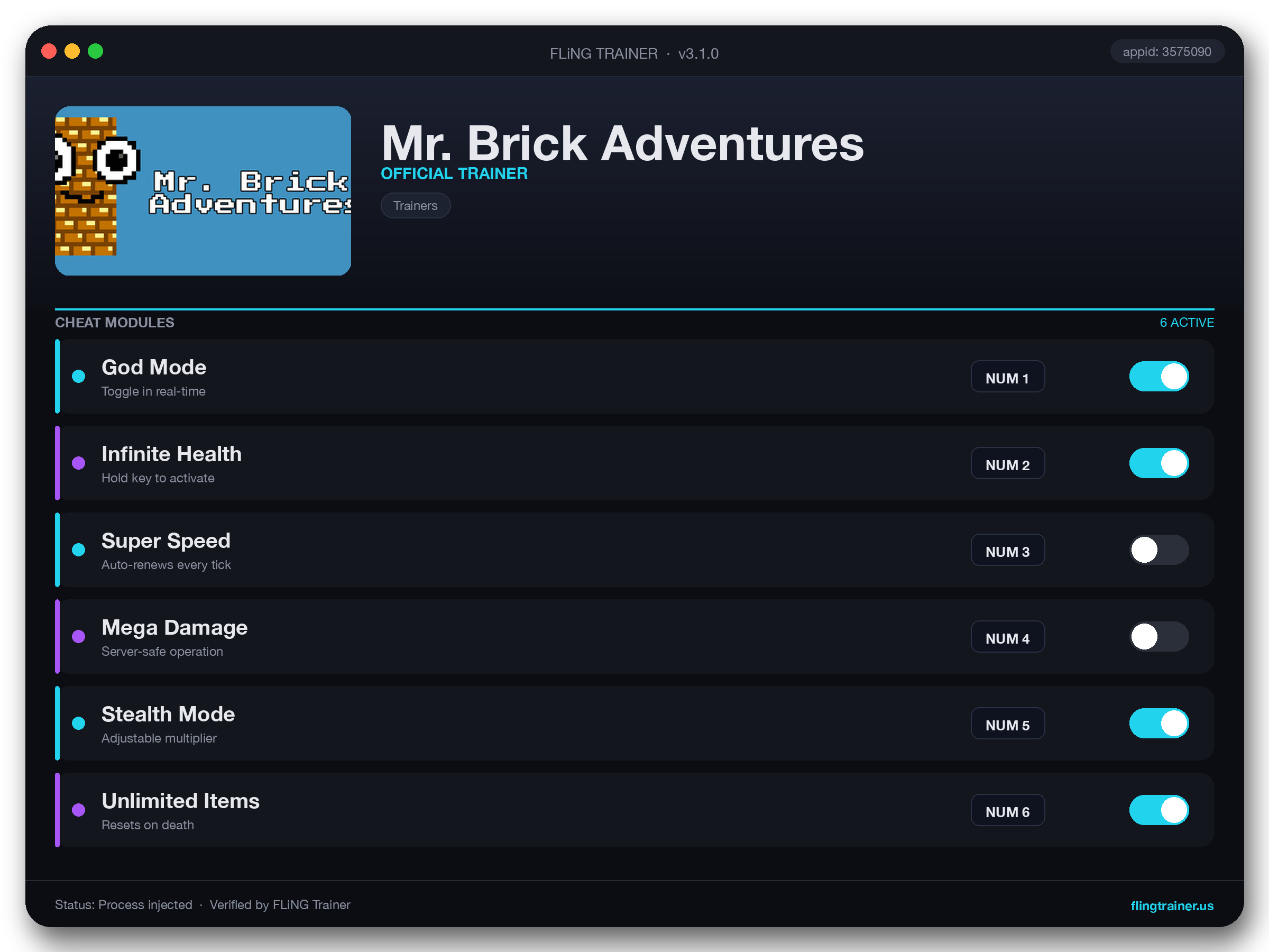 Mr. Brick Adventures Trainer interface