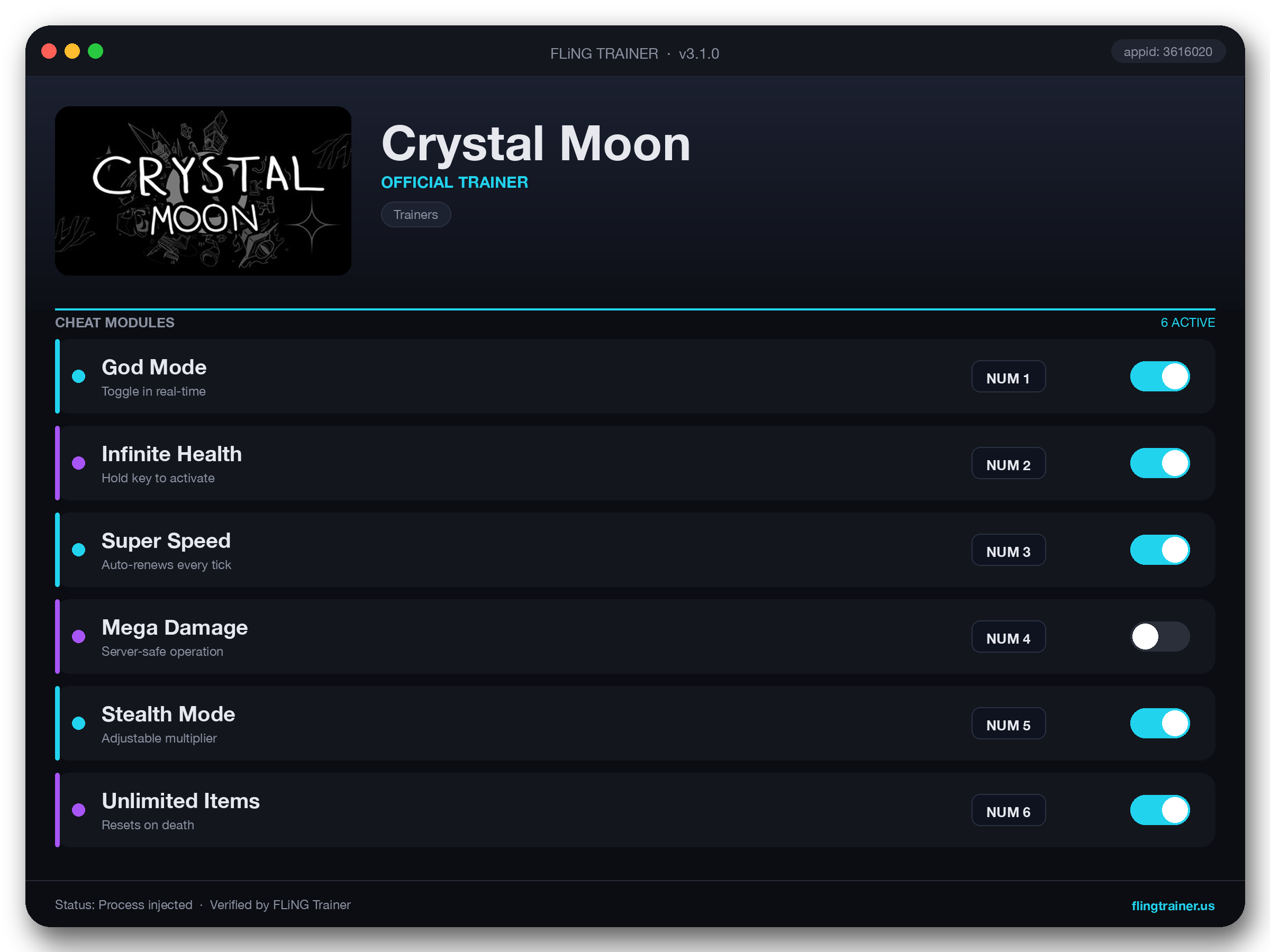 Crystal Moon Trainer interface