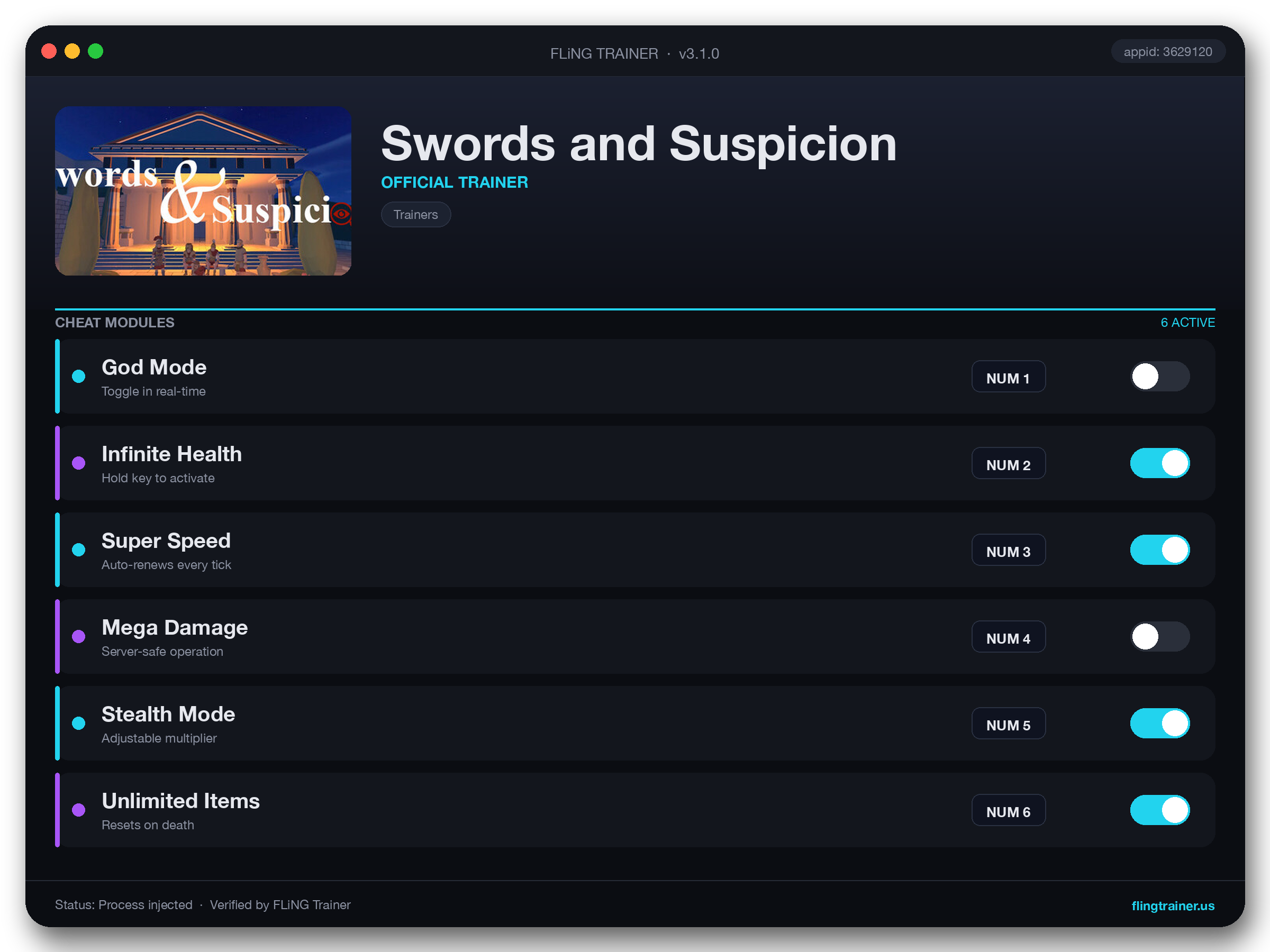 Swords and Suspicion Trainer interface