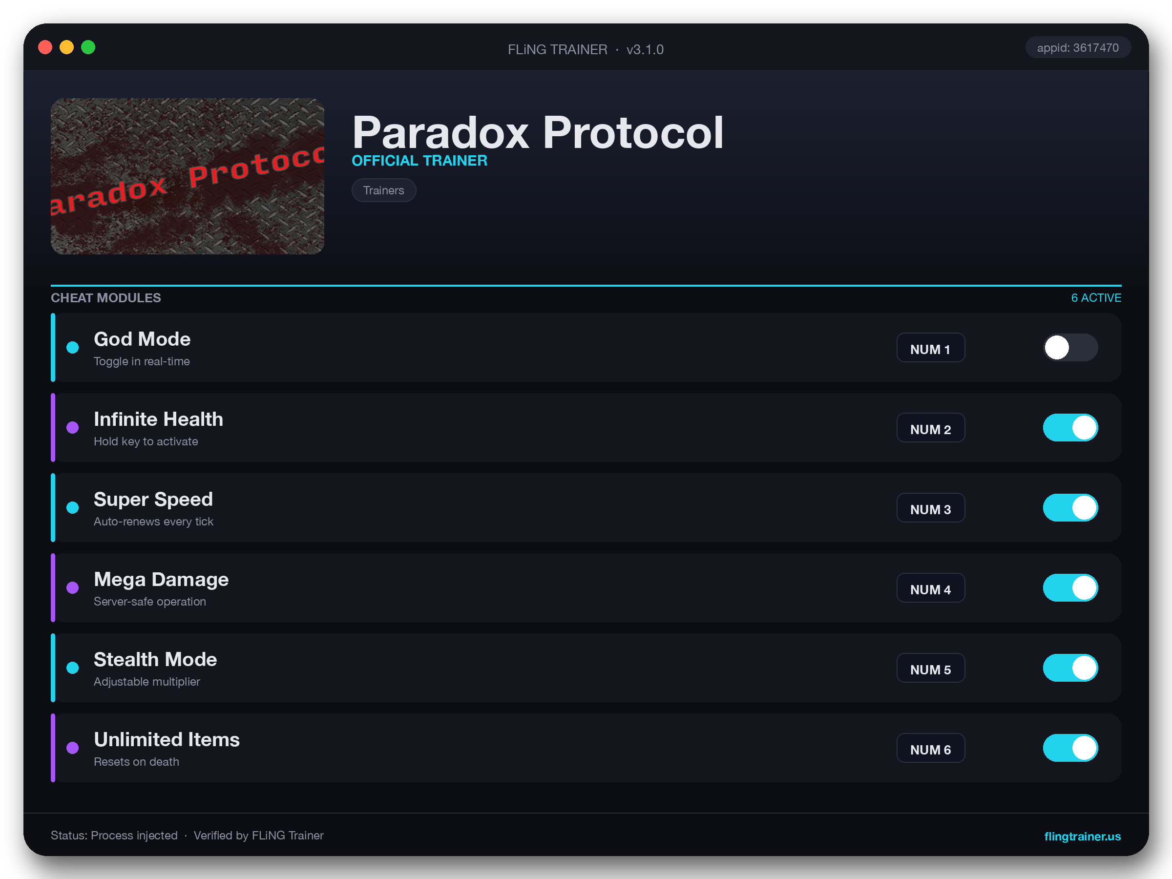Paradox Protocol Trainer interface