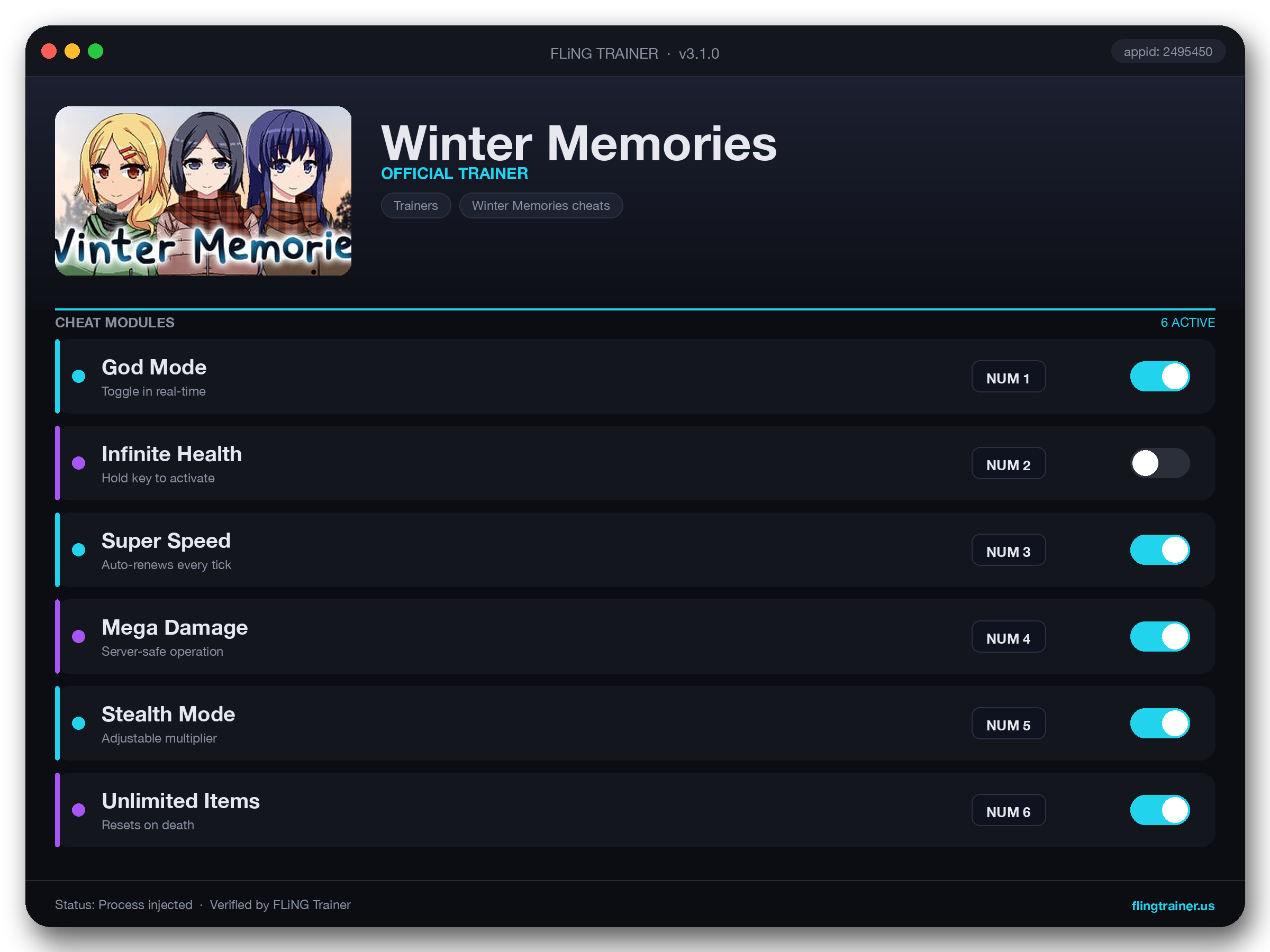 Winter Memories Trainer interface