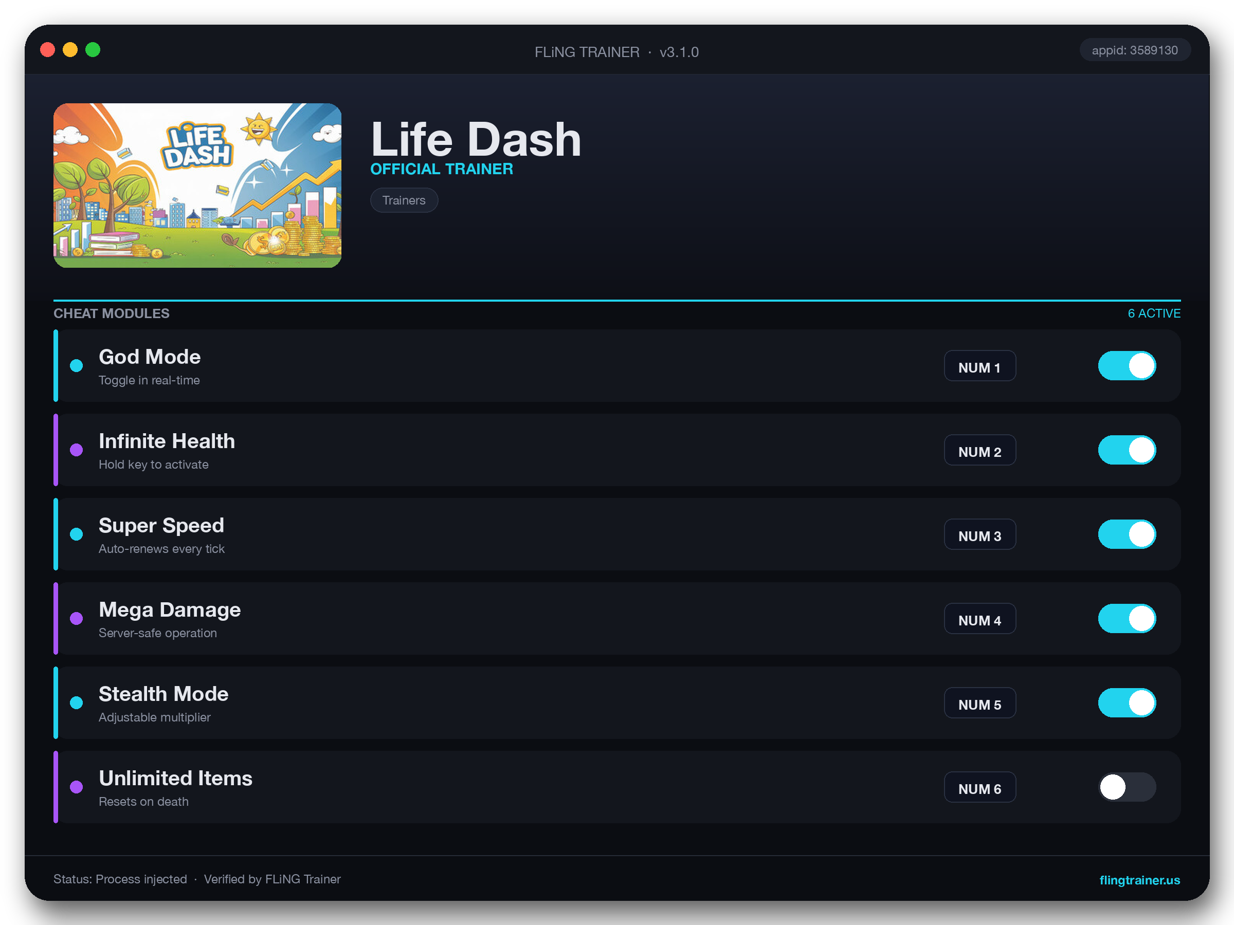 Life Dash Trainer interface
