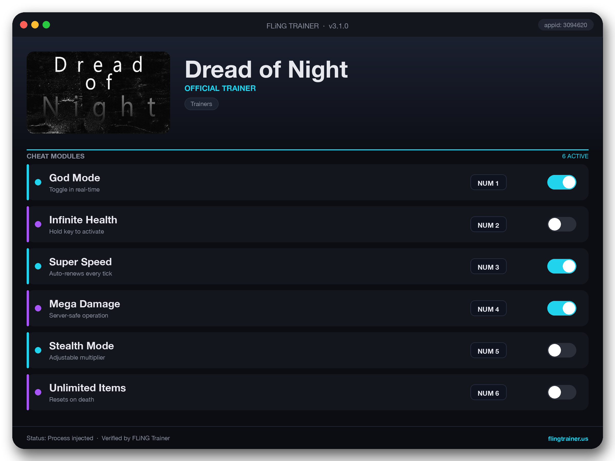 Dread of Night Trainer interface