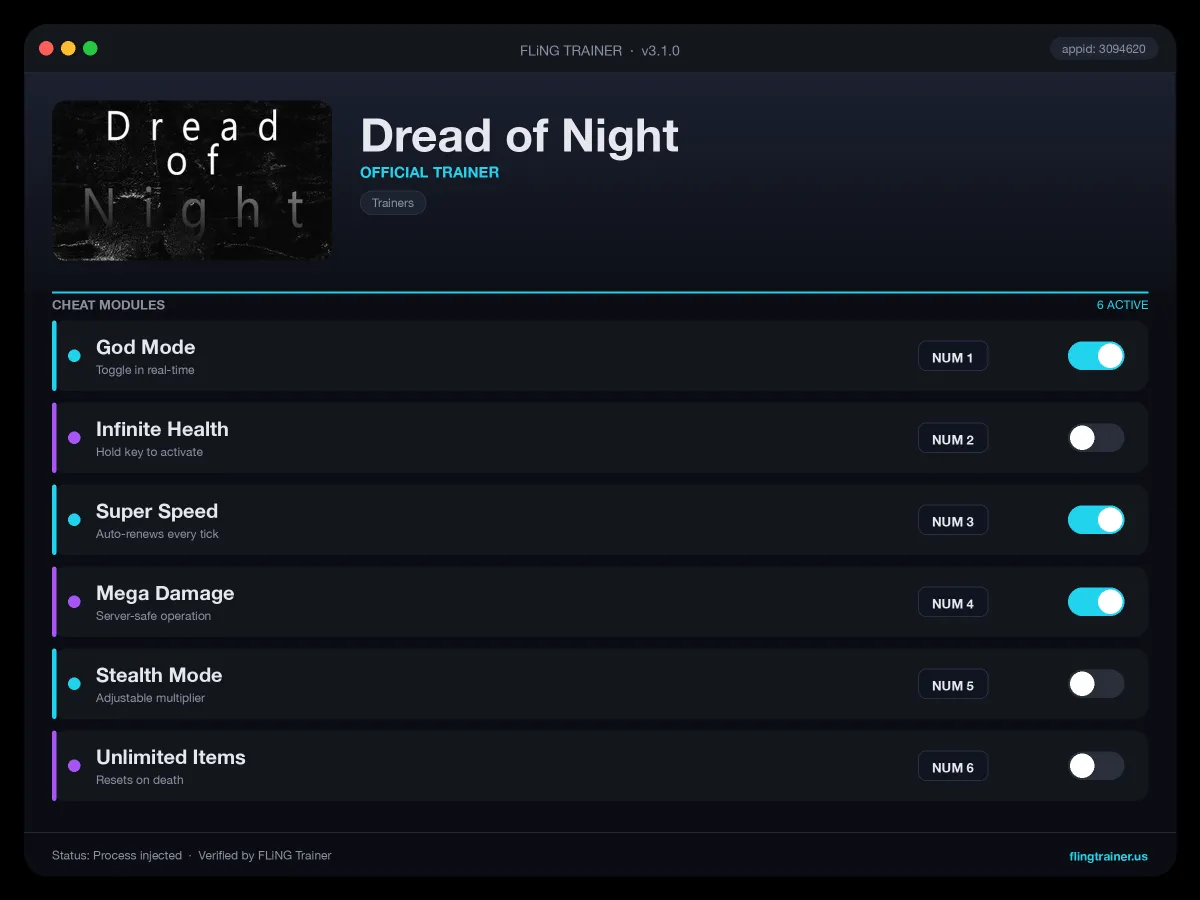 Dread of Night Trainer interface