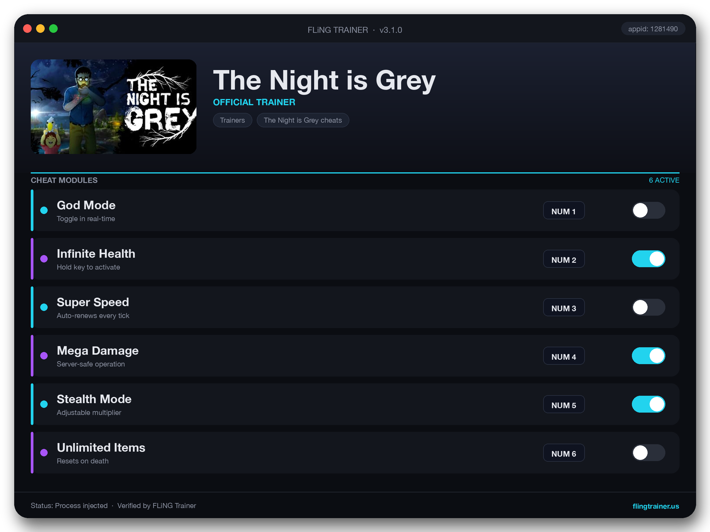 The Night is Grey Trainer interface