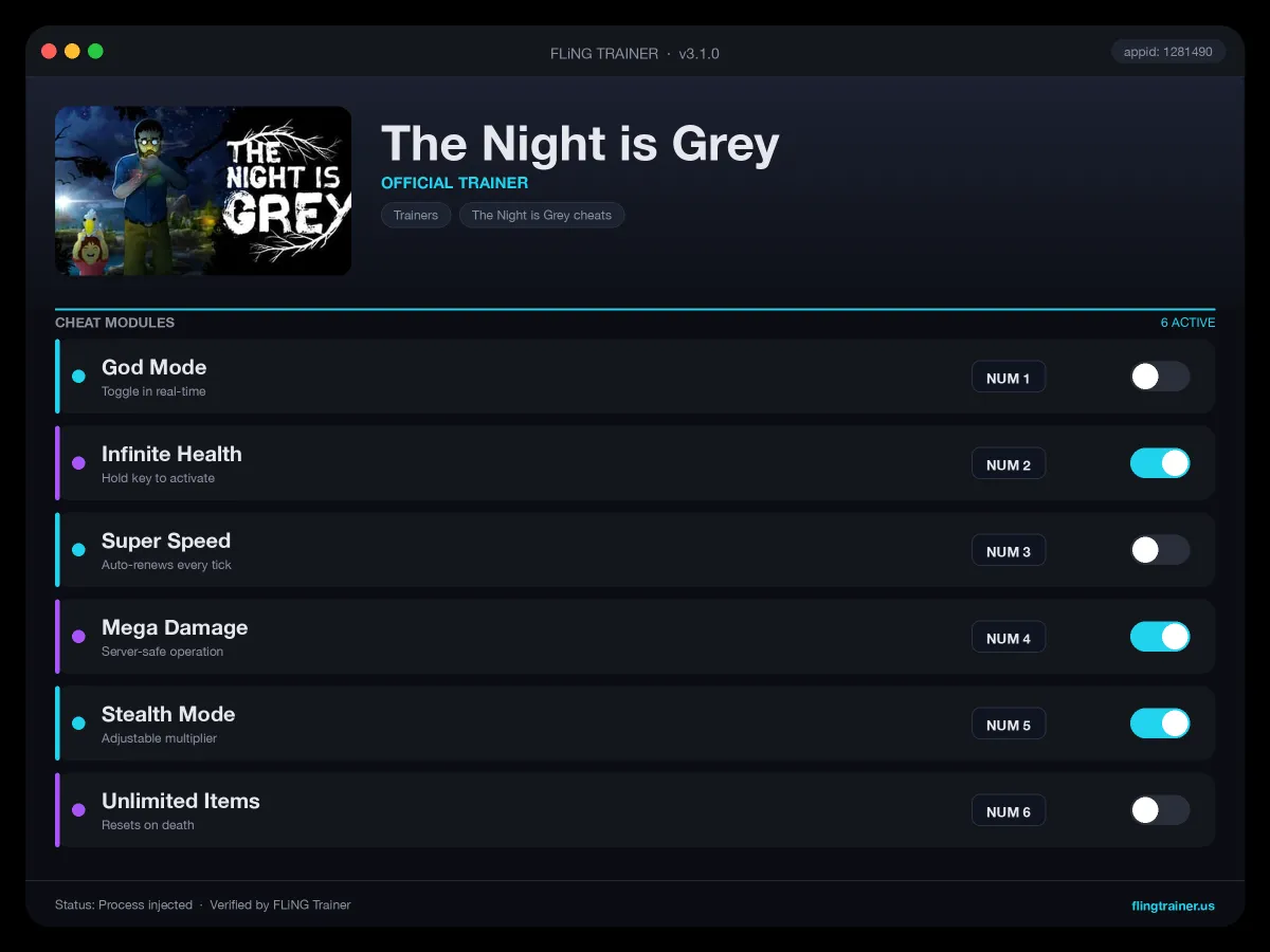 The Night is Grey Trainer interface