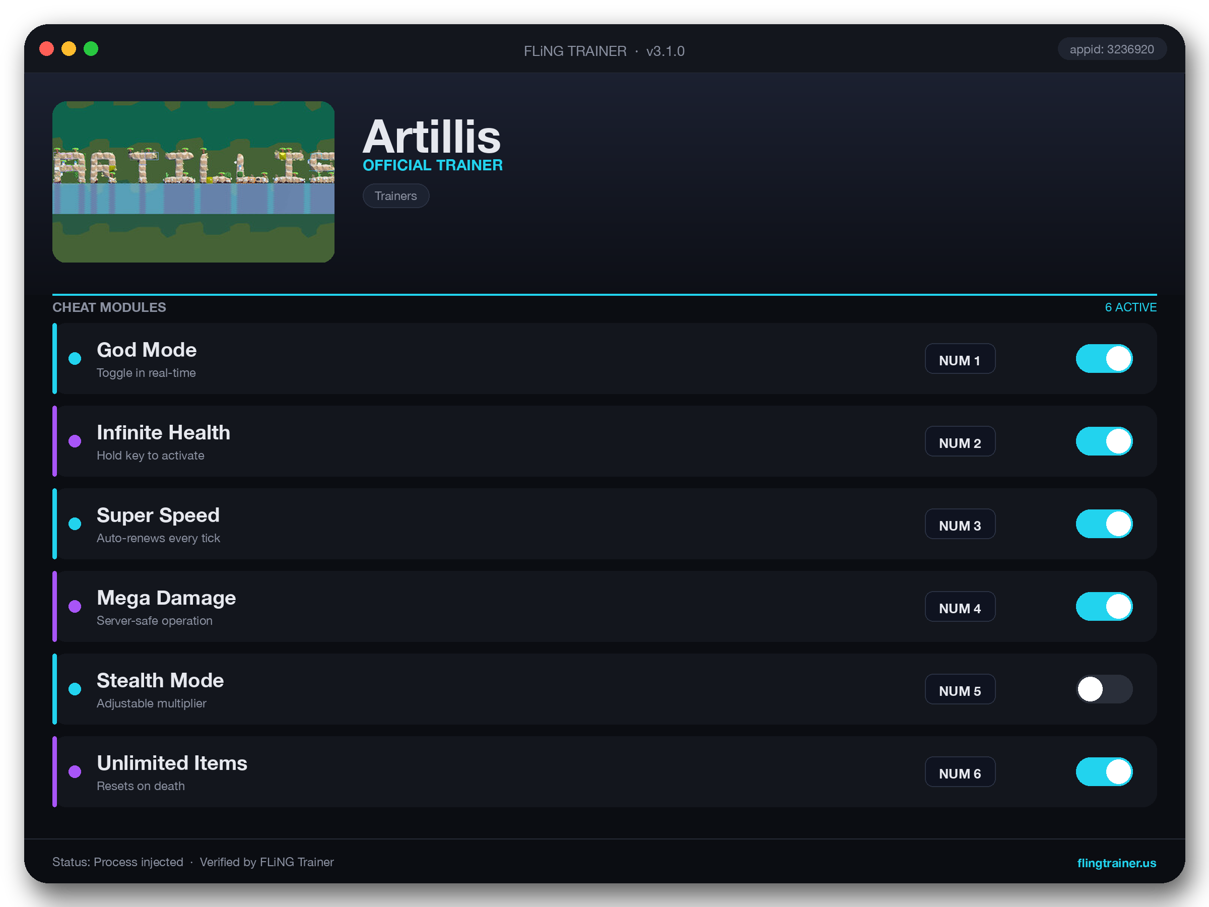 Artillis Trainer interface