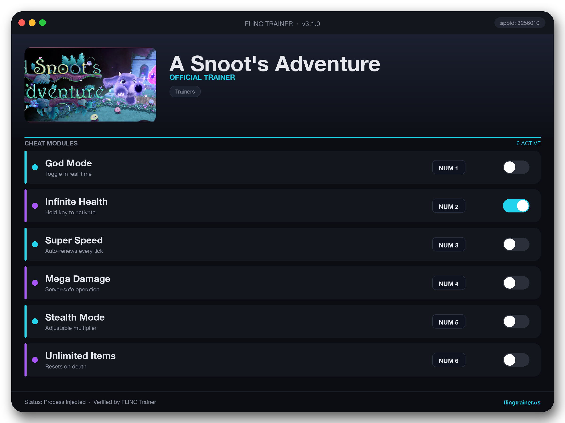 A Snoot's Adventure Trainer interface