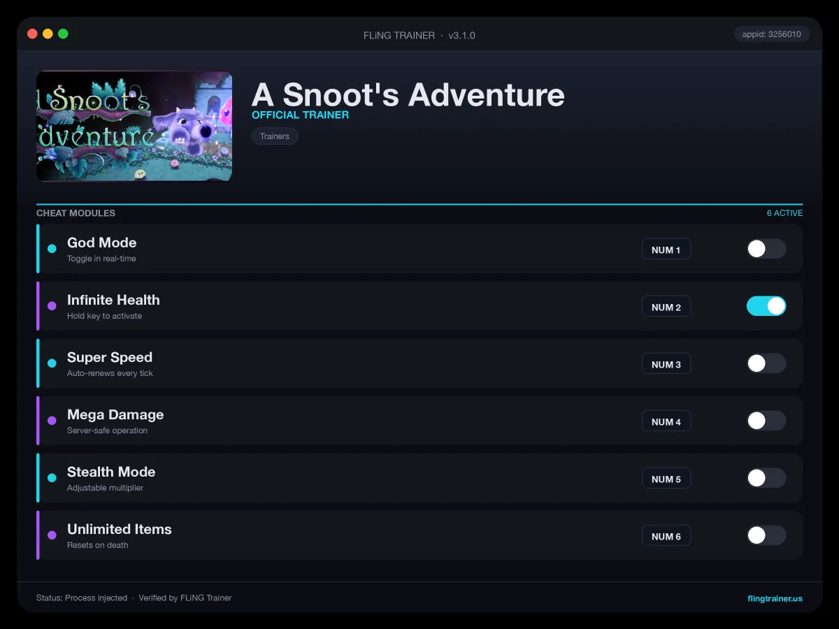 A Snoot's Adventure Trainer interface
