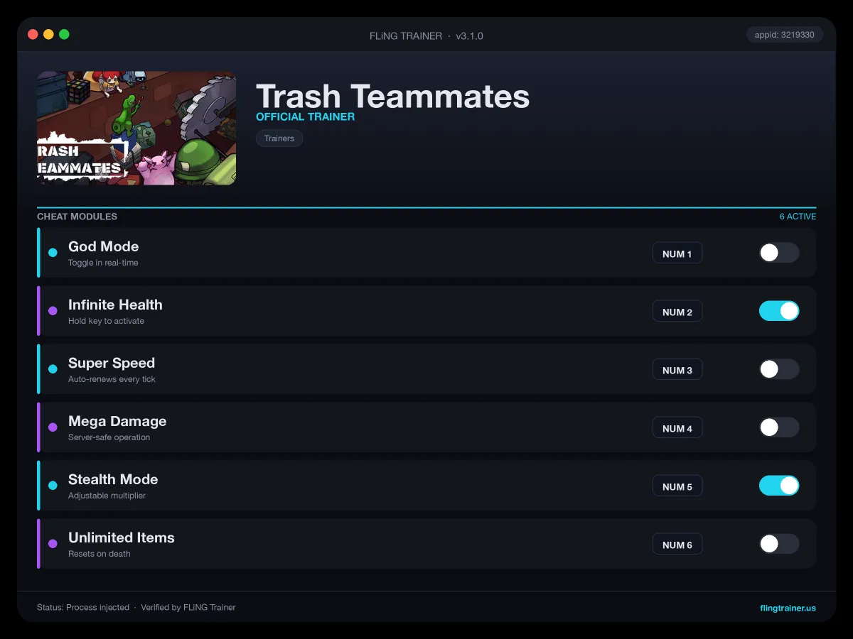 Trash Teammates Trainer interface