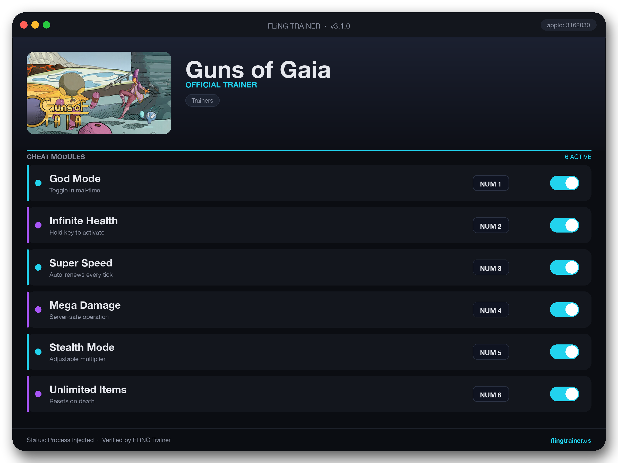 Guns of Gaia Trainer interface