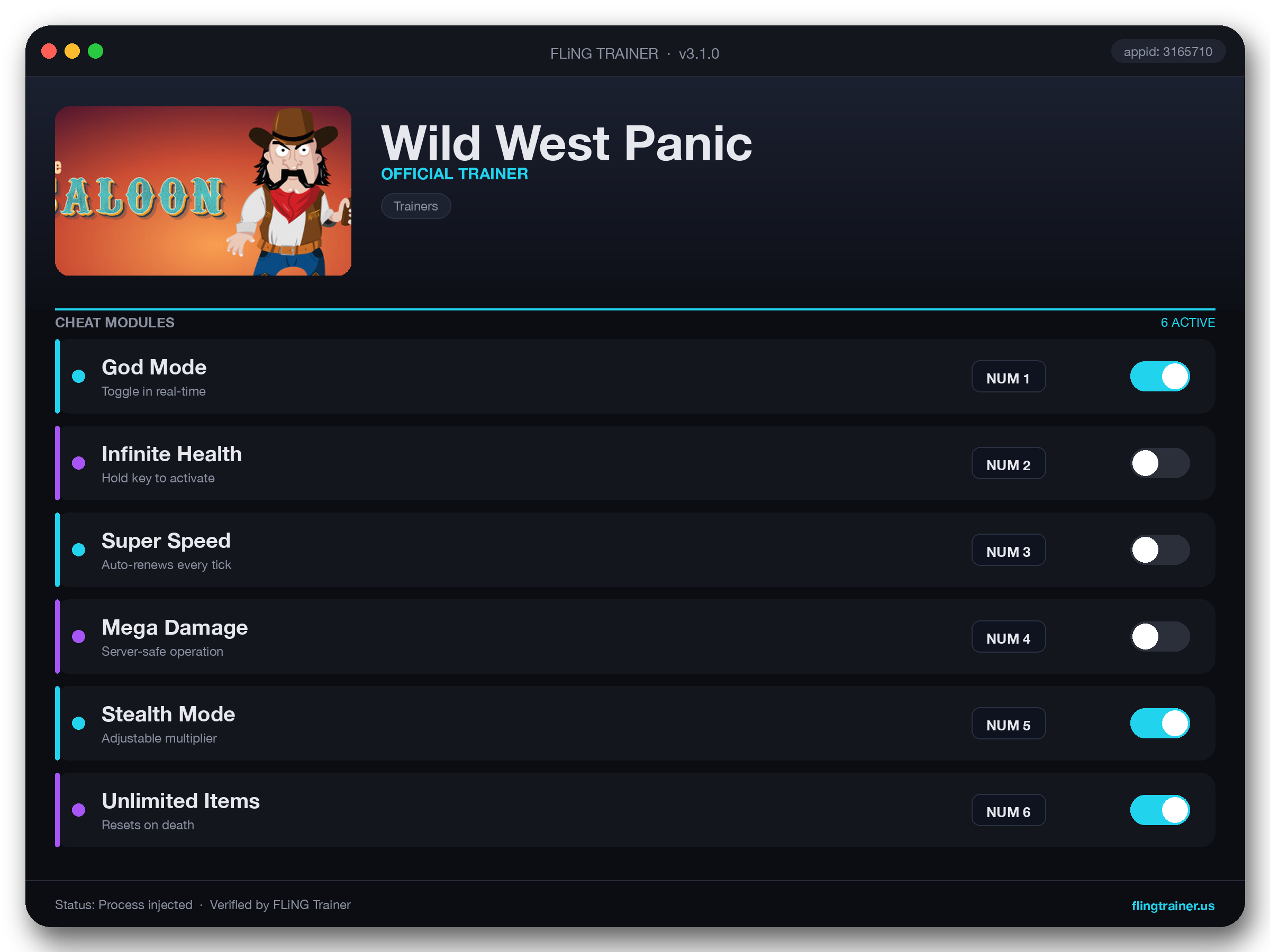 Wild West Panic Trainer interface