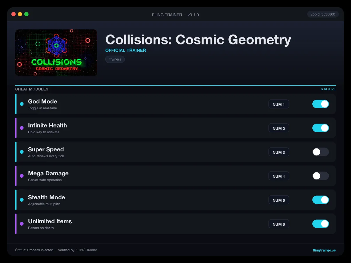Collisions: Cosmic Geometry Trainer interface