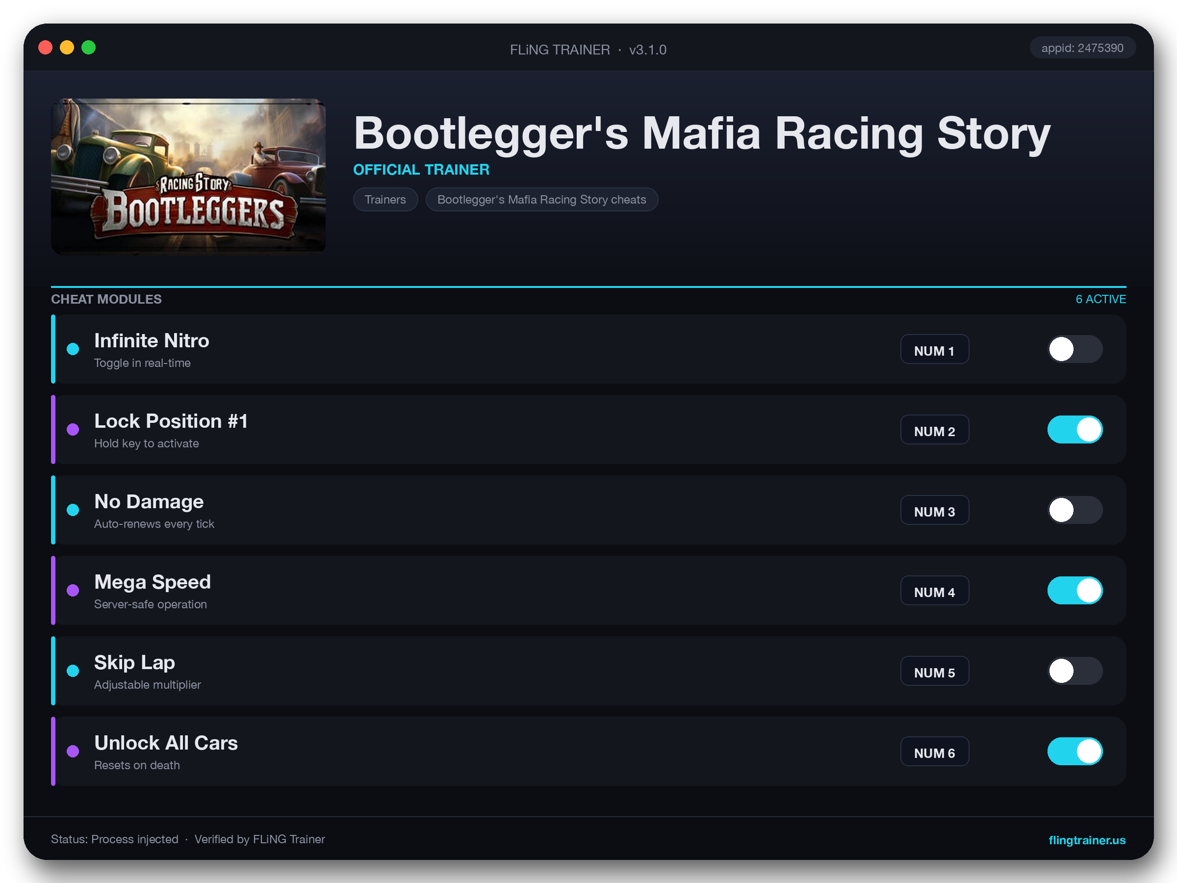 Bootlegger's Mafia Racing Story Trainer interface