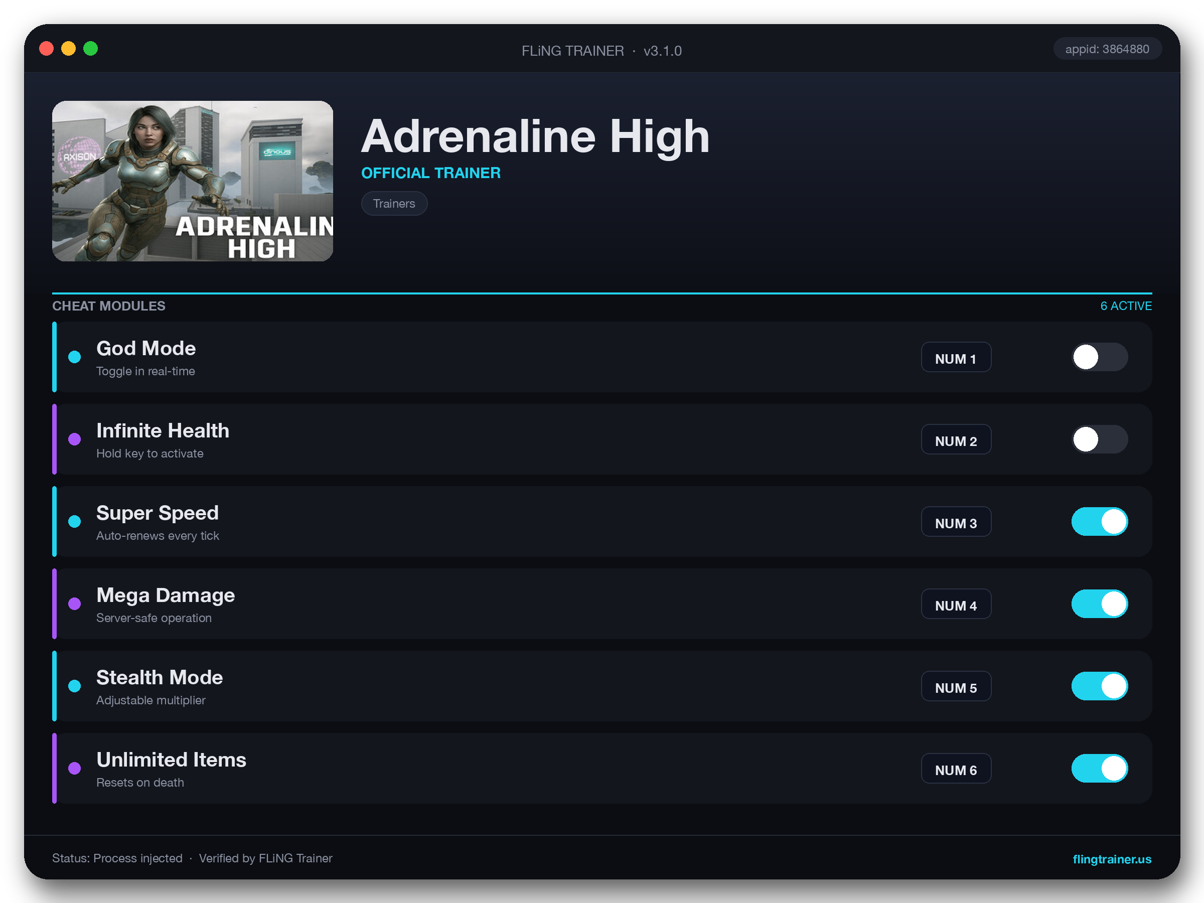 Adrenaline High Trainer interface