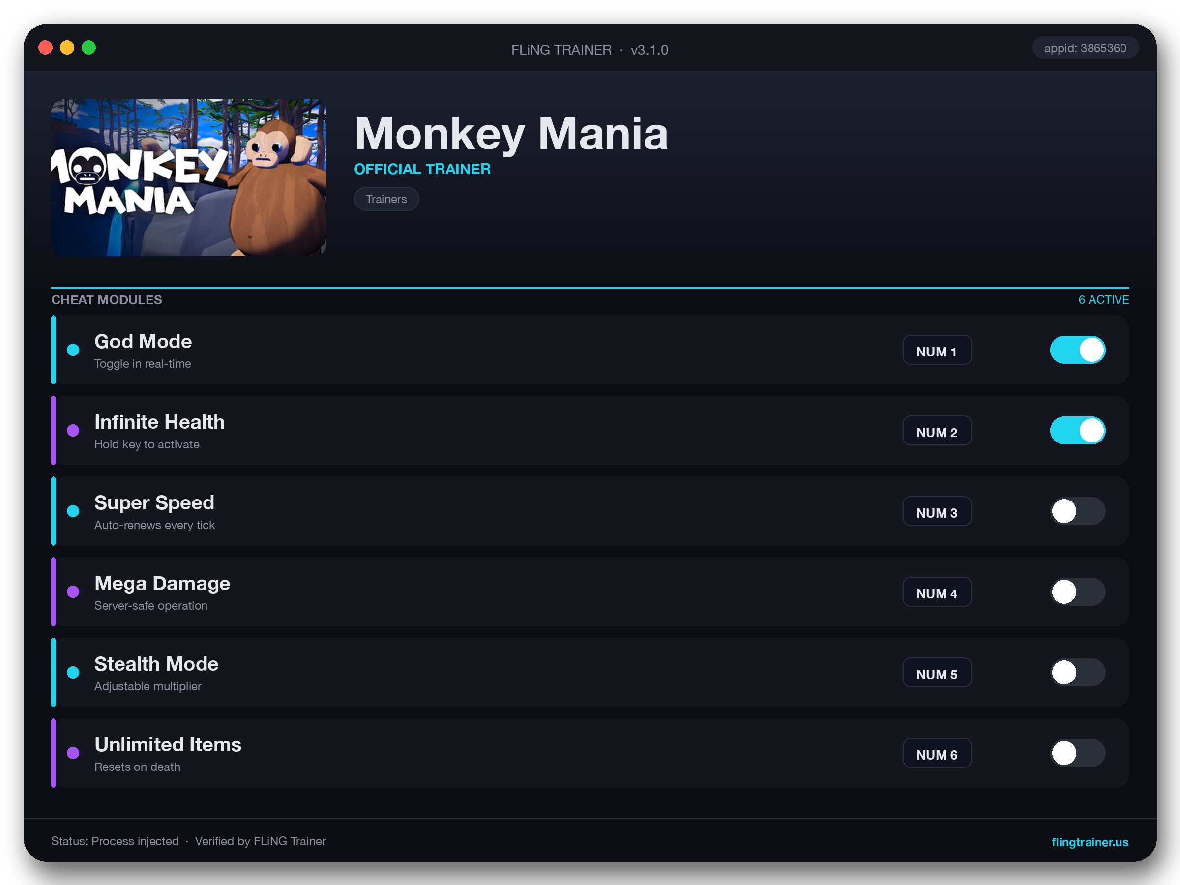 Monkey Mania Trainer interface