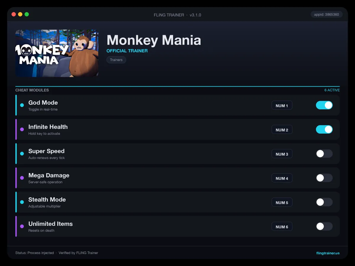 Monkey Mania Trainer interface
