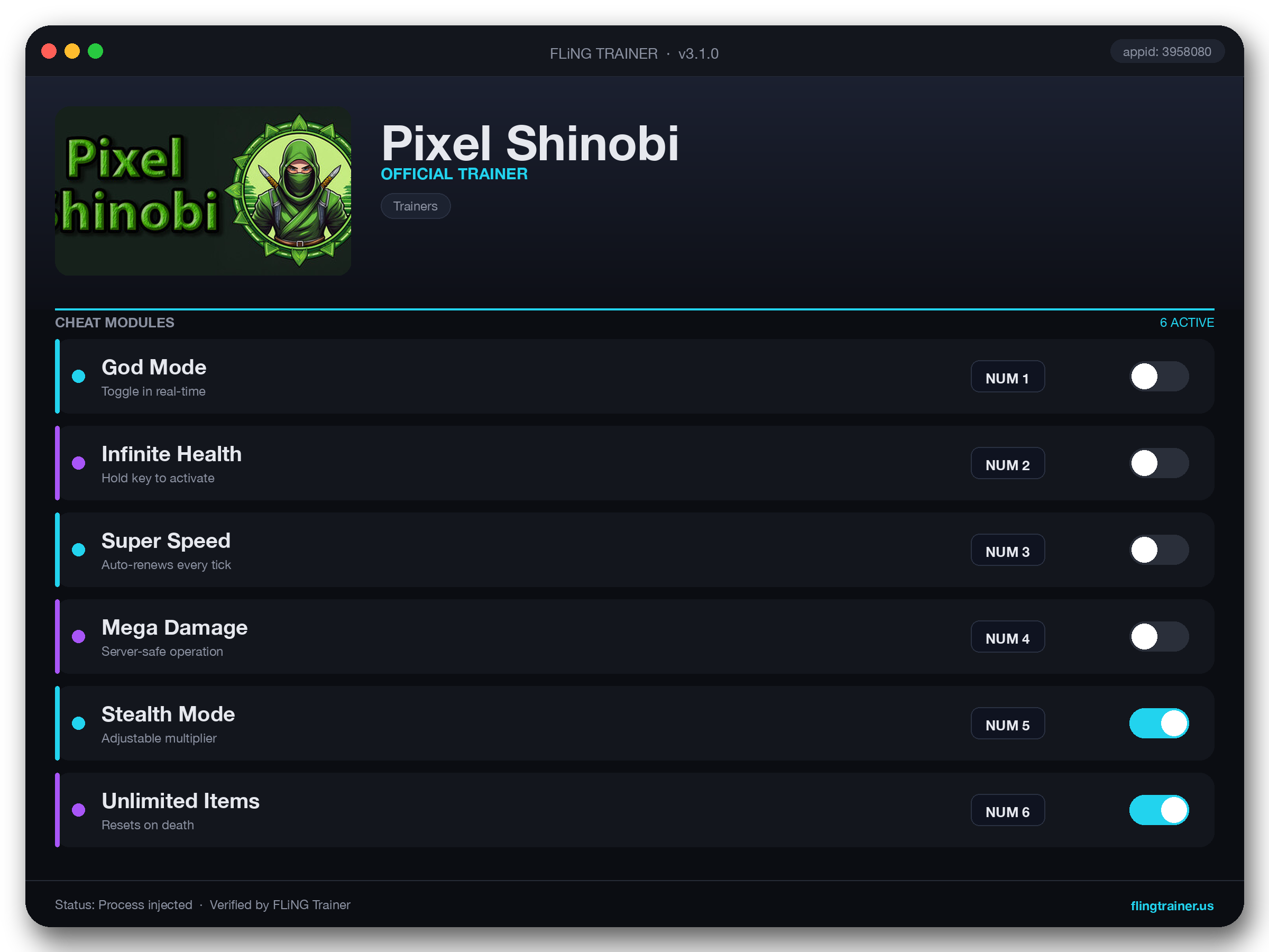 Pixel Shinobi Trainer interface