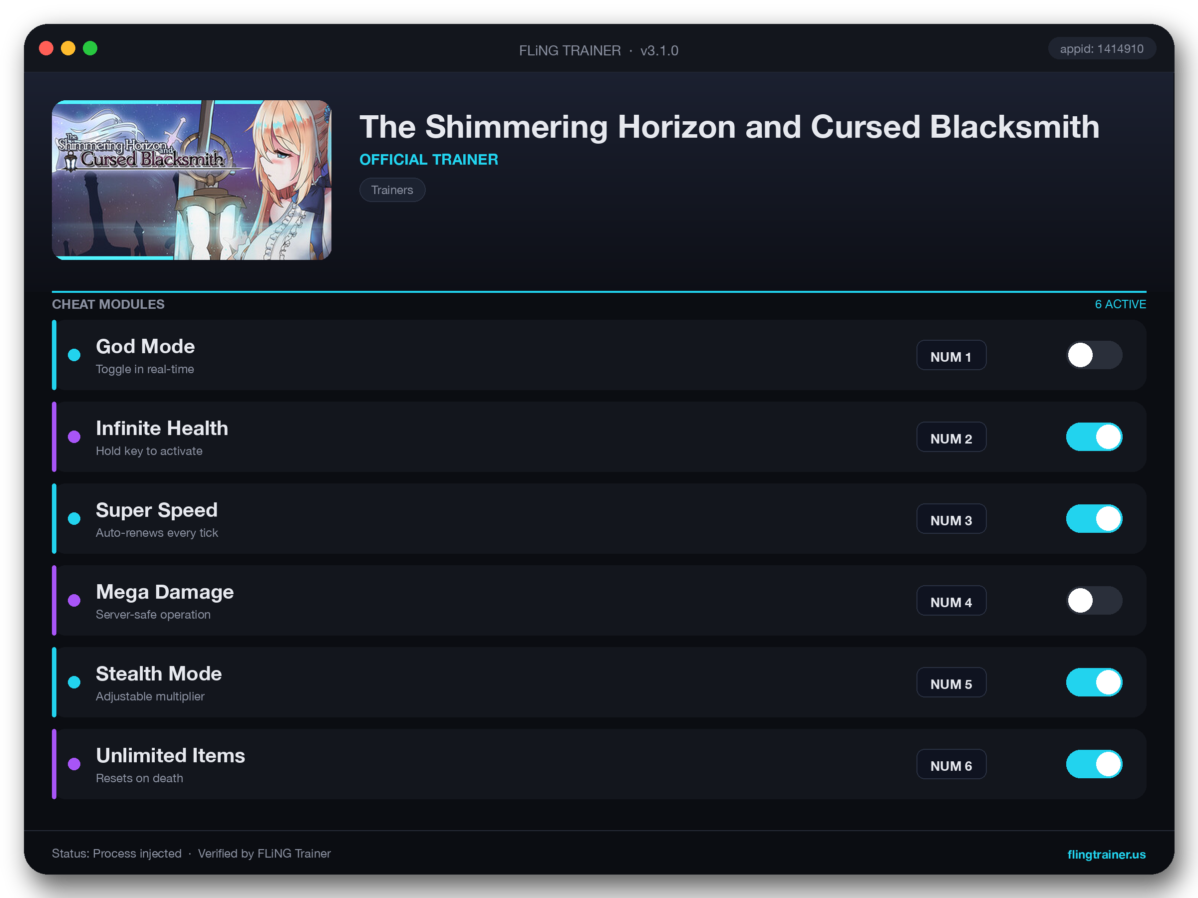 The Shimmering Horizon and Cursed Blacksmith Trainer interface