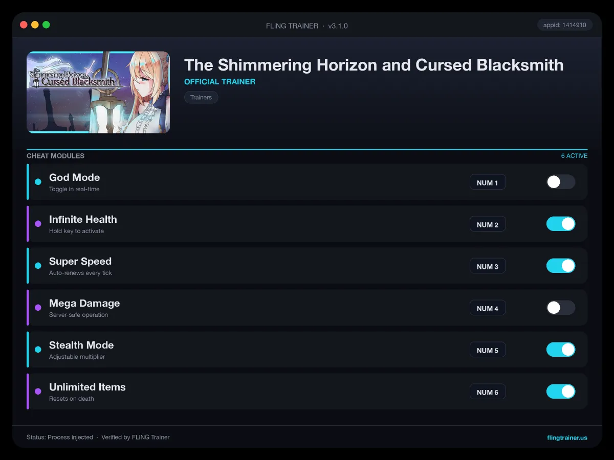 The Shimmering Horizon and Cursed Blacksmith Trainer interface