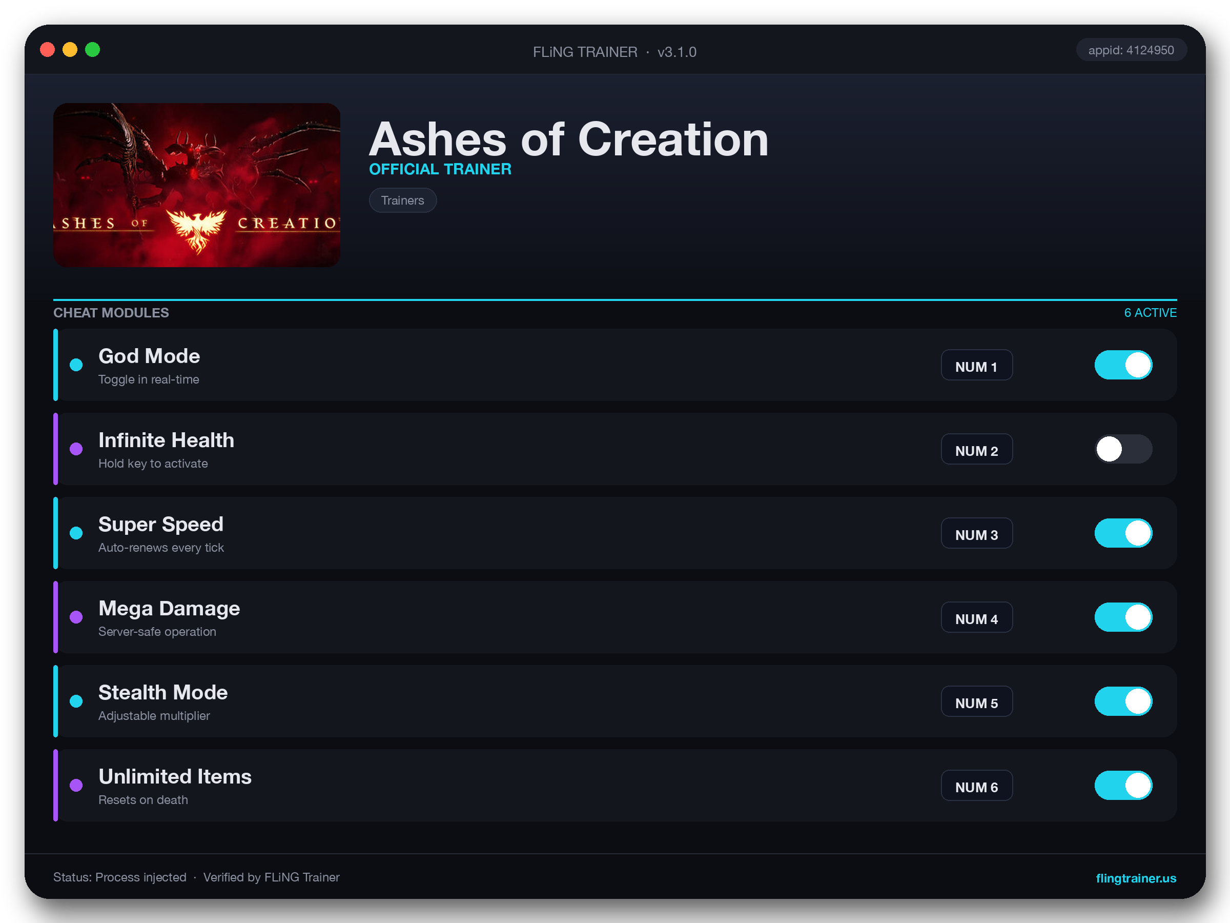 Ashes of Creation Trainer interface