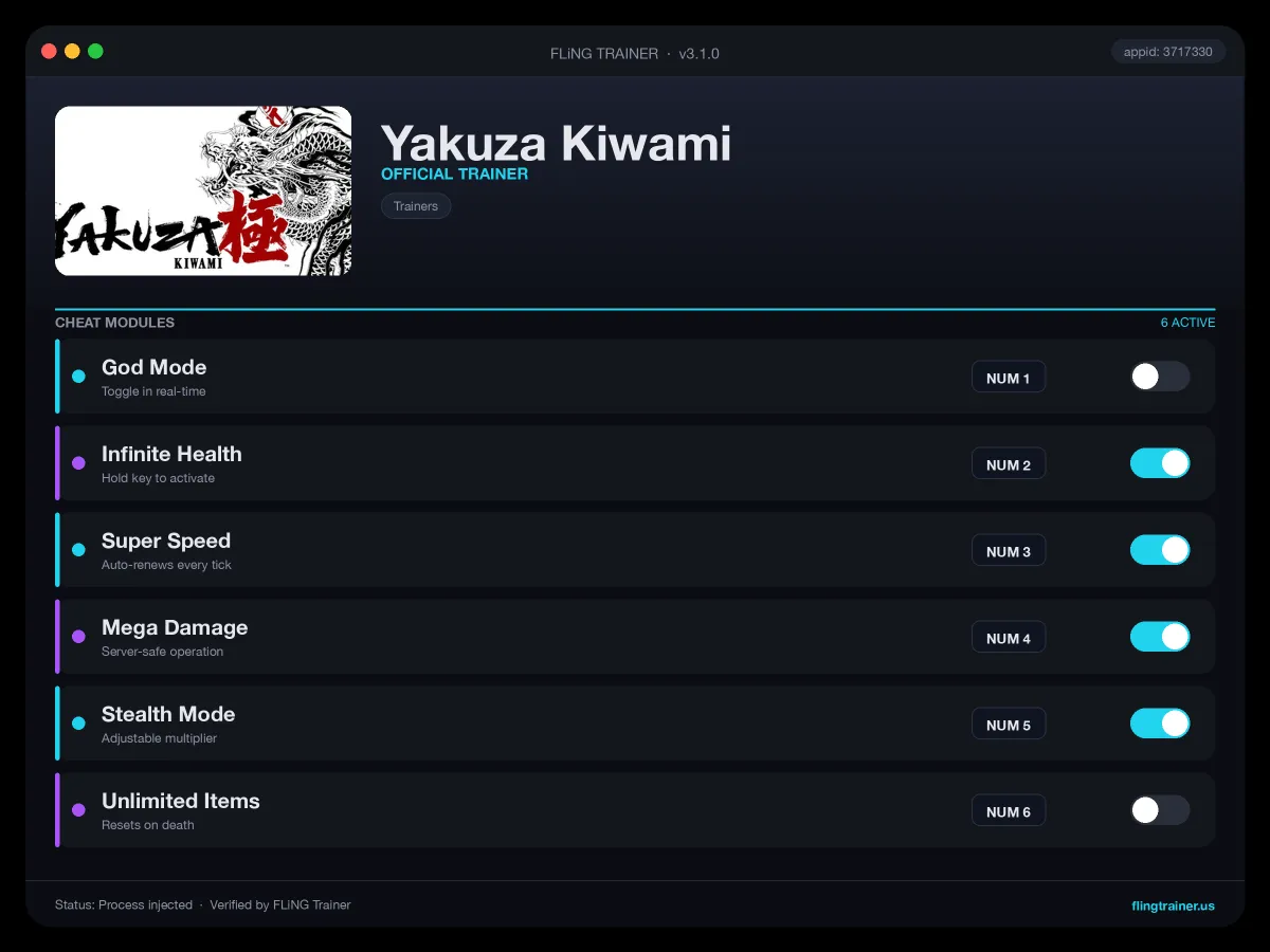 Yakuza Kiwami Trainer interface