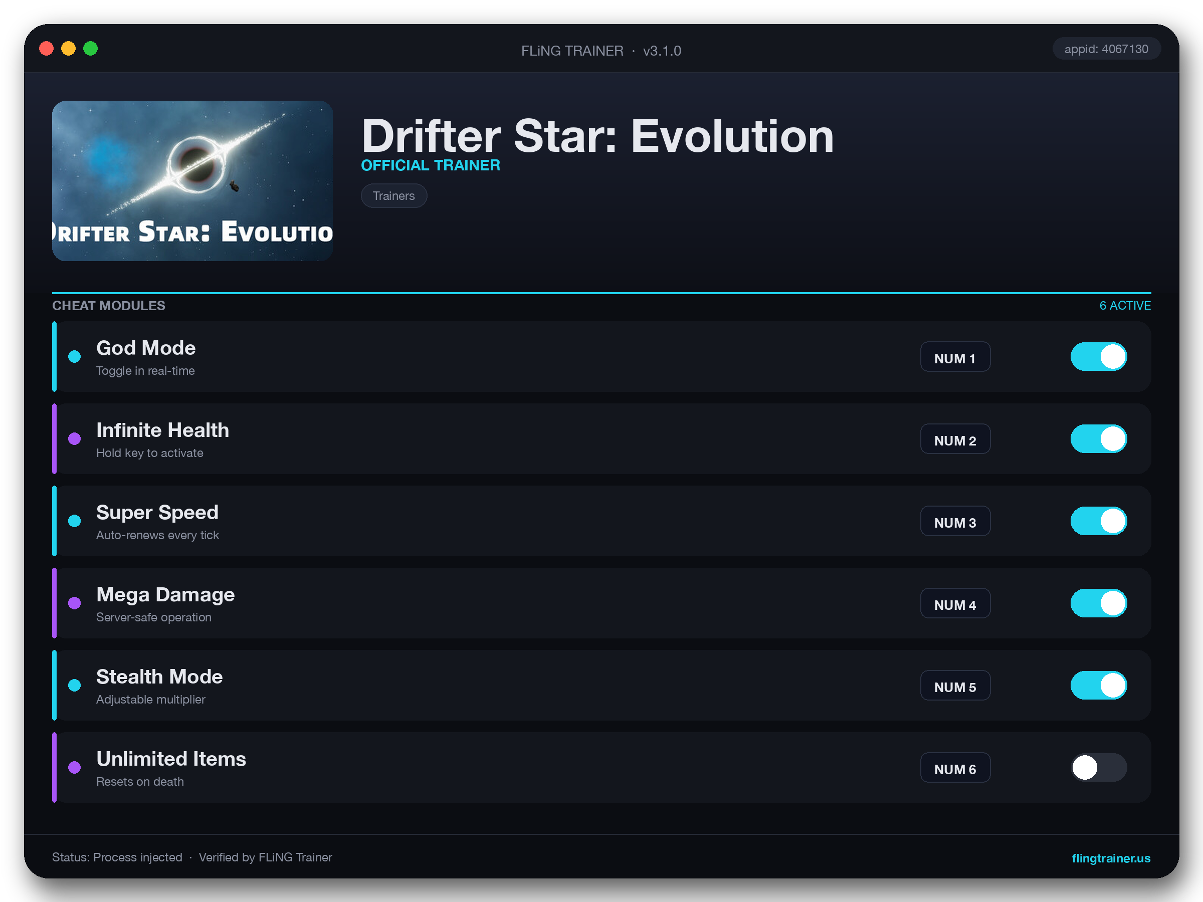 Drifter Star: Evolution Trainer interface